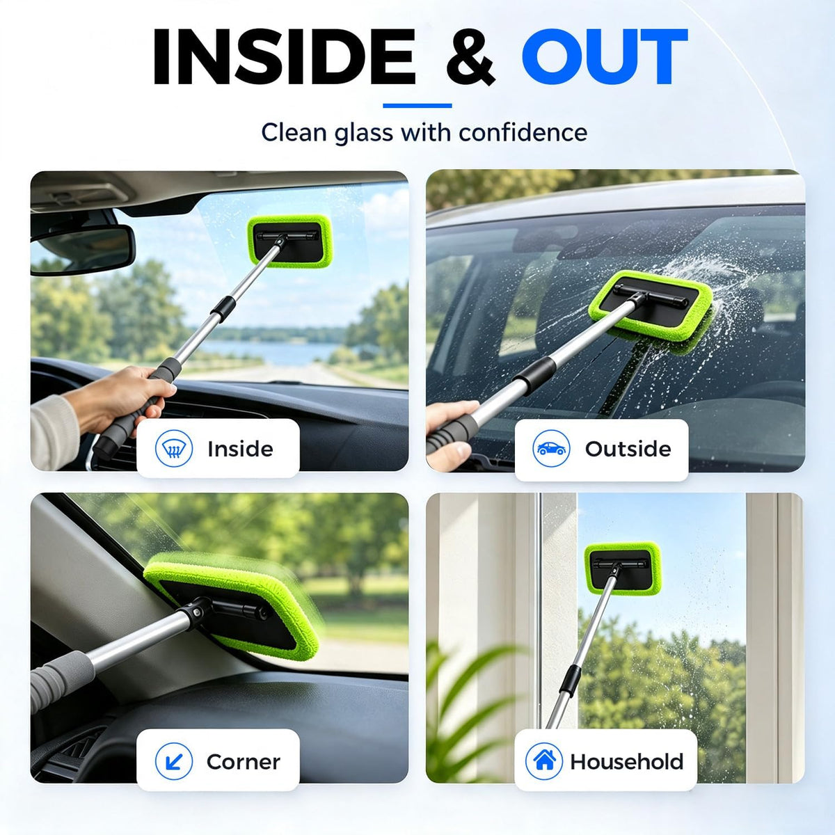 XINDELL Interior Windshield Cleaner Tool – Car Window Cleaning Tool Extendable Handle for Easy Cleaning, 9pcs Reusable Microfiber Pads, Streak-Free Interior & Exterior Auto Glass Cleaner