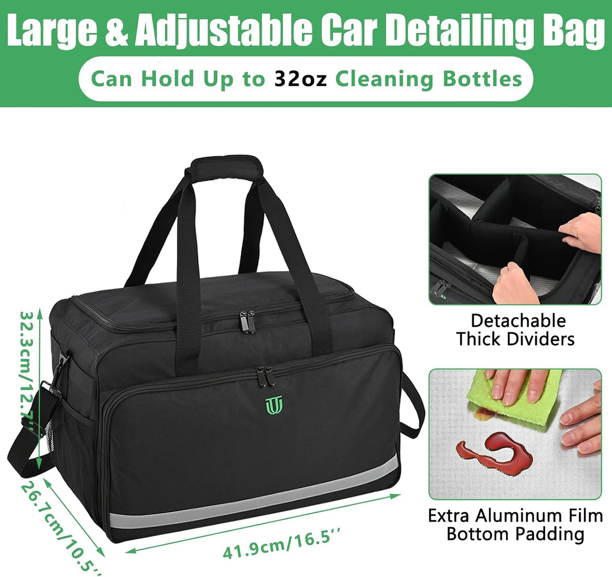 Large Car Detailing Bag, Cleaning Caddy with Lid and Handle for Auto Detailing Supplies, Car Cleaning Storage Trunk Organizer for Polisher and Vehicle Wash Tools, Black