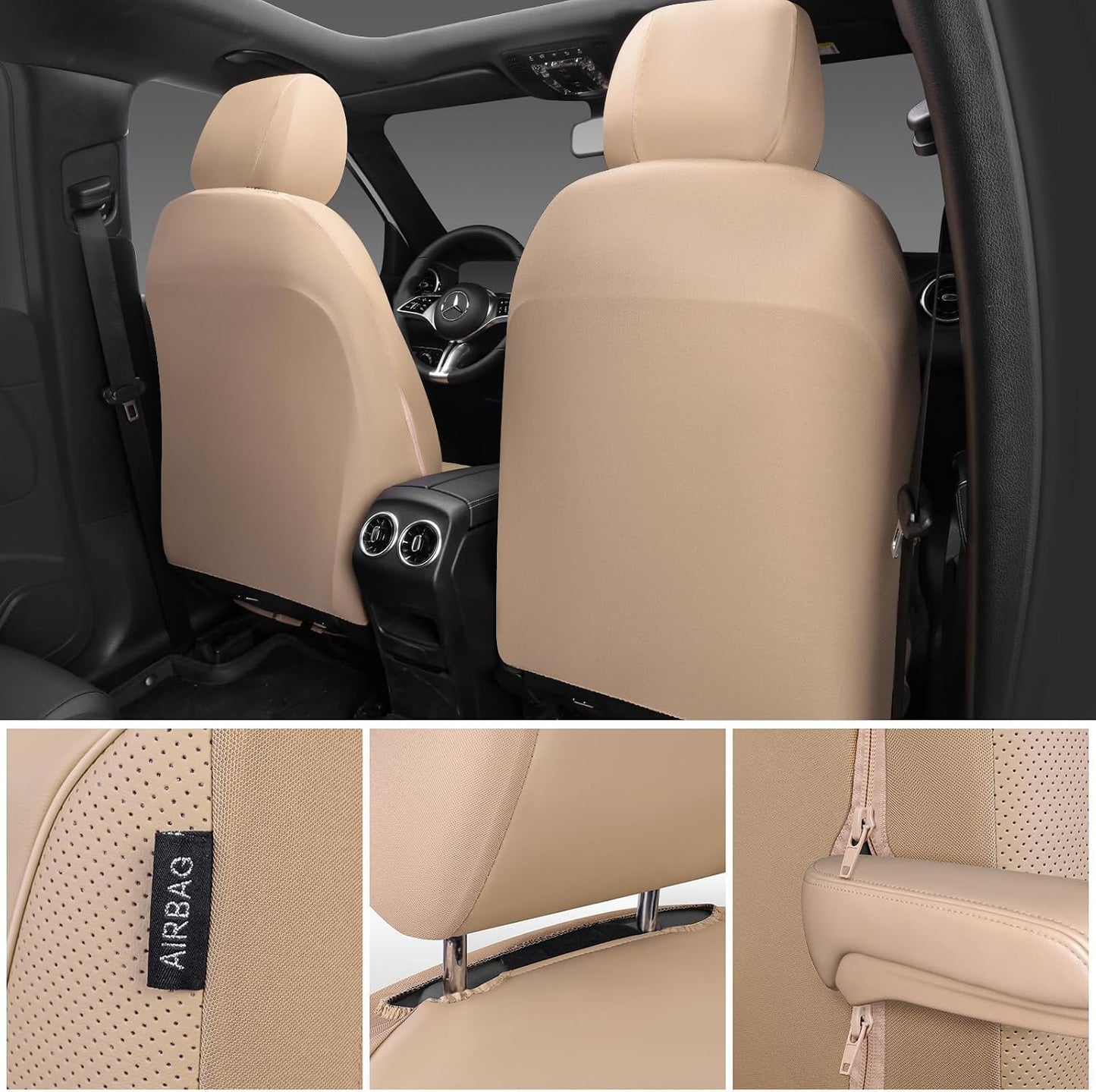 CAR PASS 3D Foam PU Leather Car Seat Covers, Universal Seat Covers Full Sets for Trucks SUV Sedan Automotive Seat Covers Armrest Airbag Compatible Waterproof Comfortable Faux Nappa Leather All Beige