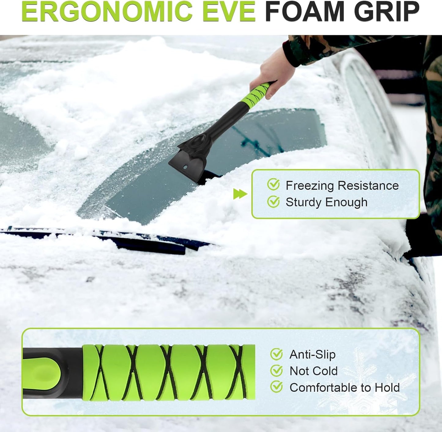 43" Ice Scraper for Car Windshield, Snow Brush with Squeegee, 3 in 1 Snow Removal for Cars with Foam Grip and 180° Pivoting Brush Head for Auto Truck SUV