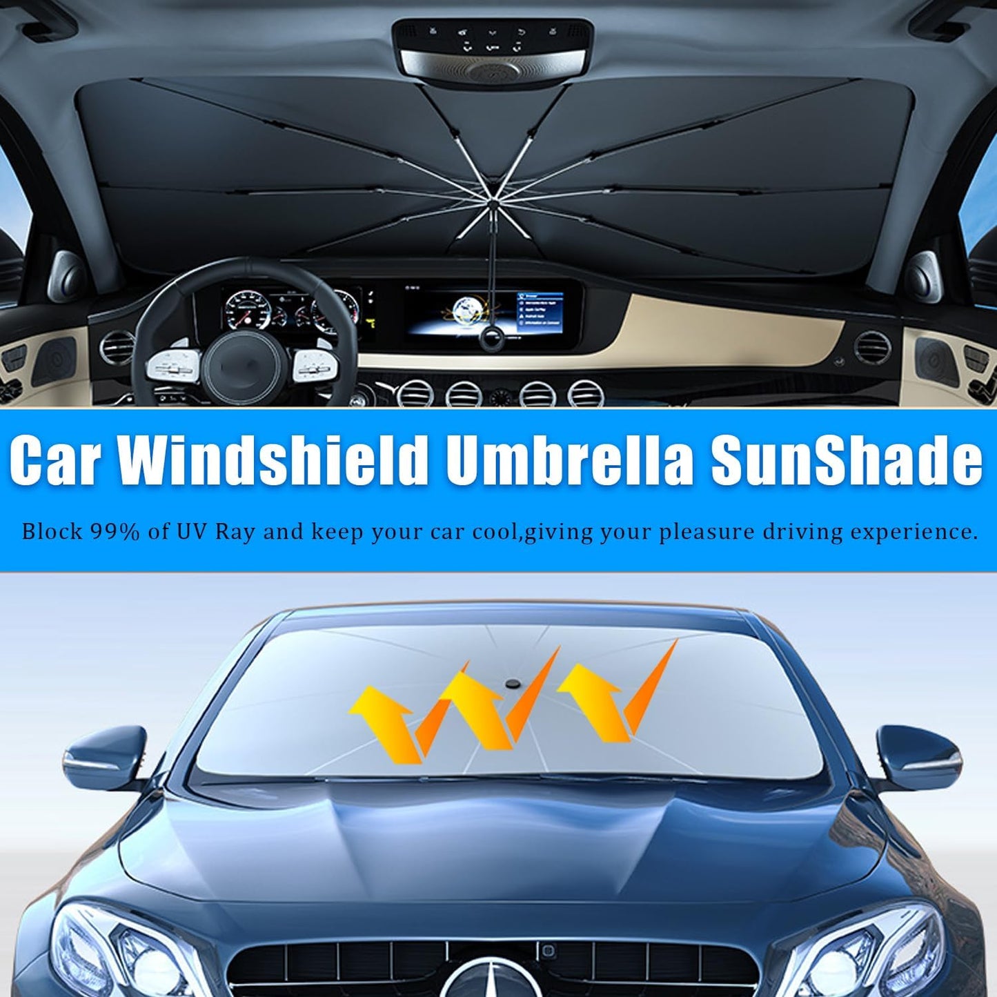 JDDRY Front Windshield Sun Shade with Pull Cord, Umbrella Sun Shade for Windshield, 2024 Car Umbrella Front Sun Shades Cover for Pickup/Large SUV/Truck/Minivan (150x82cm)