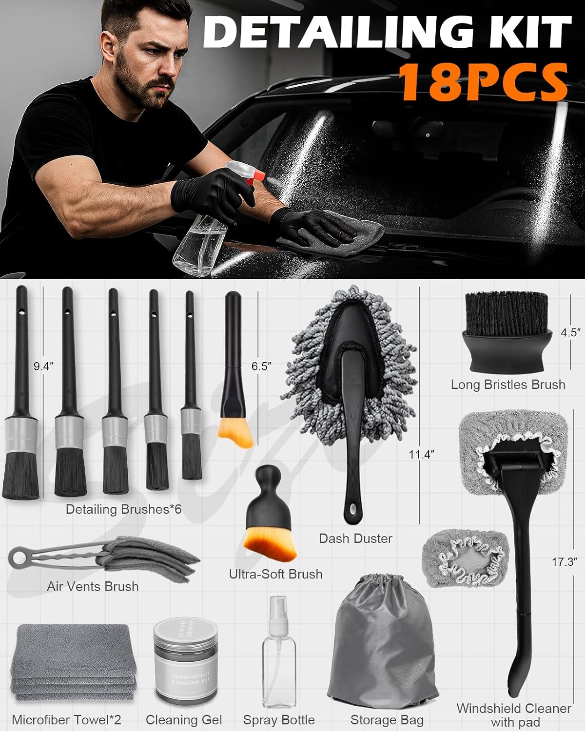 Windshield Cleaner Tool, 18Pcs Car Interior Detailing Brush Set, Inside Windshield Cleaning Kit with 200g Cleaning Gel, Duster Brush, 2 Microfiber Pads, Car Detailing Supplies for Men (Gray)