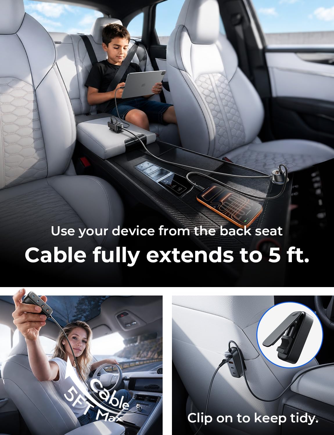 AINOPE 108W Multiple Ports Car Charger, Cigarette Lighter USB Charger, PD&QC Car Charger Adapter Fast Charging for iPhone 17 [+5FT Cable], 12V Road Trip Essentials for Kids, Car Accesories