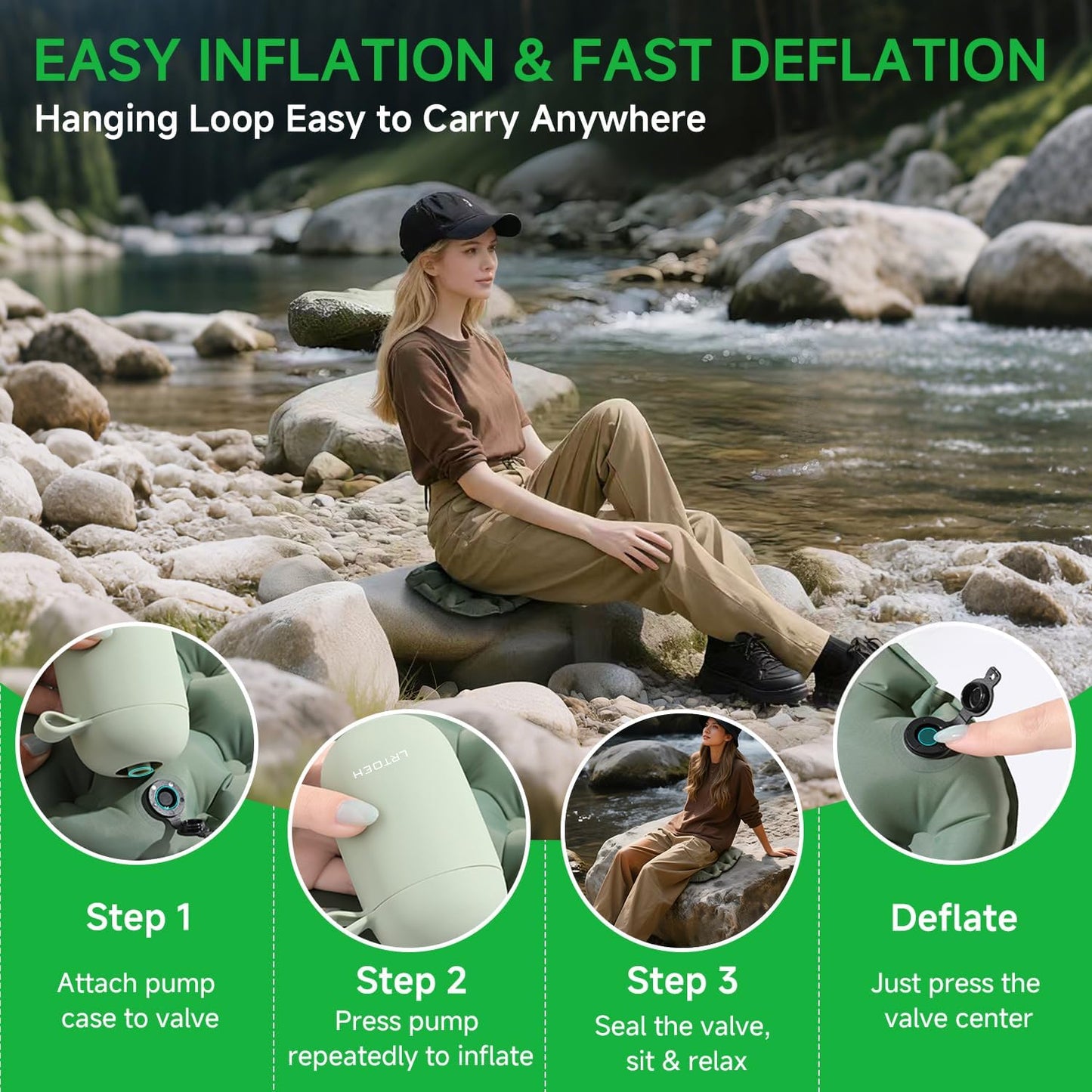 Inflatable Seat Cushion with Pump, Portable Air Seat Pad | Lightweight waterproof material, airplane stadium camping hiking office car, pressure relief comfort, travel chair pad