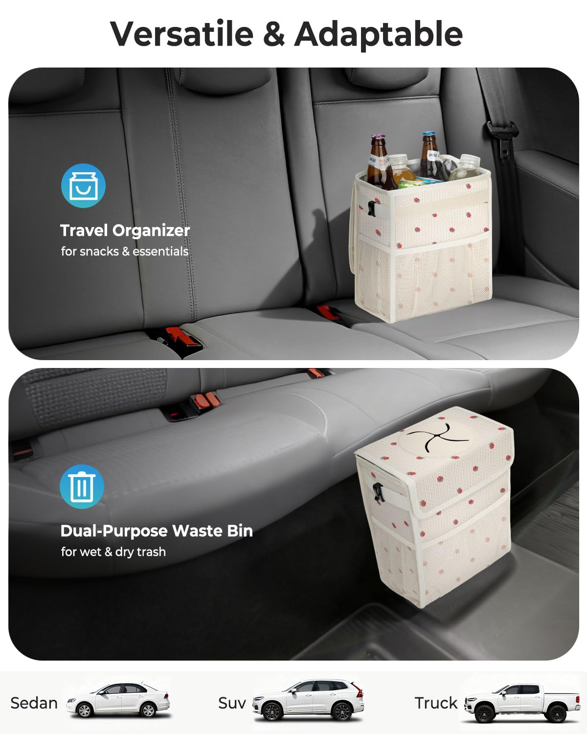 Corduroy Car Trash Can with Lid and Mesh Pockets - Leakproof Organizer,Multipurpose Waterproof Garbage Can/Trash Bin for Car(Off-White Base with Red Strawberry Print-2 Gallons)