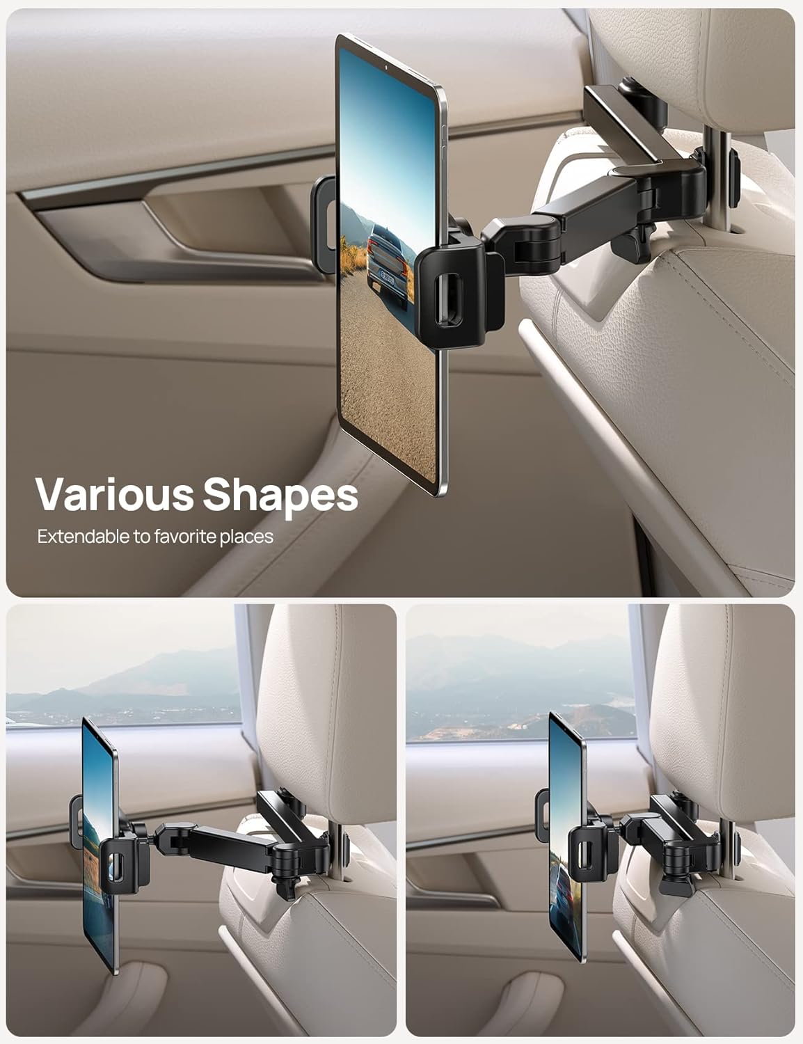 Aomiker iPad Holder Car Headrest - [Stretchable Arm] 2025 Adjustable Tablet Mount for Car Backseat, Travel Road Trip Essentials for Kids, for iPad Pro, Air, Mini, Samsung Tab, 4.7-11” Device - Black
