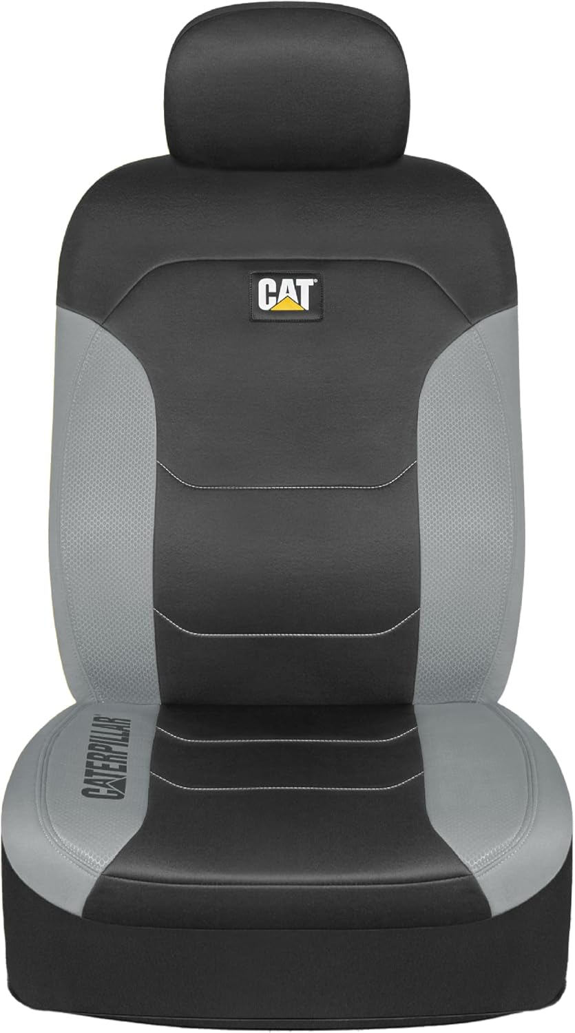 Caterpillar Flexfit Automotive Seat Covers for Cars Trucks and SUVs (Set of 2) – Black Seat Covers for Front Seats, Seat Protectors with Gray Honeycomb Trim, Auto Interior Covers