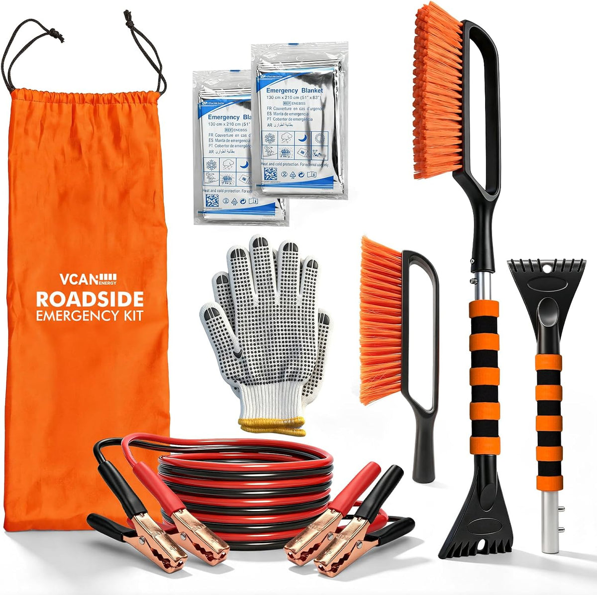 Winter Car Emergency Kit with Jumper Cables, 2-in-1 Detachable Snow Brush