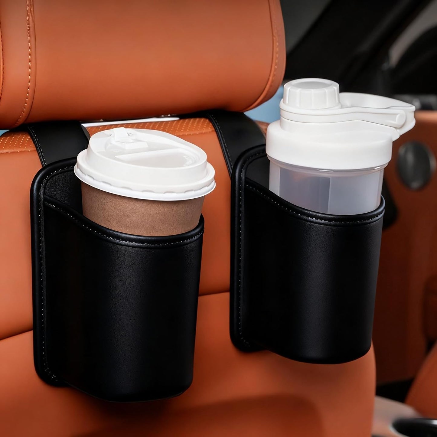 2-Pack Cup Holders for Car Seat Back Premium Nappa Leather Organizer with Drink Holders Easy Install for Families & Road Trips (Black)