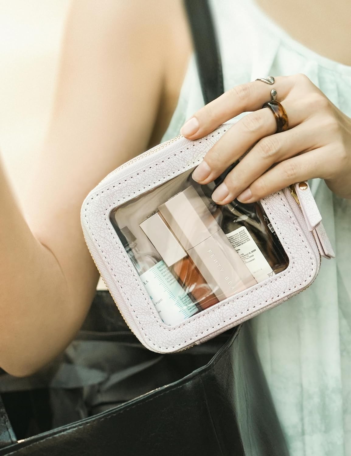 Popvibe Clear Makeup Bag Travel Cosmetic Case Transparent Toiletry Bag with Zipper, Portable Make Up Organizer Traveling Compact Car Bag for Essentials, Light Pink, Mini