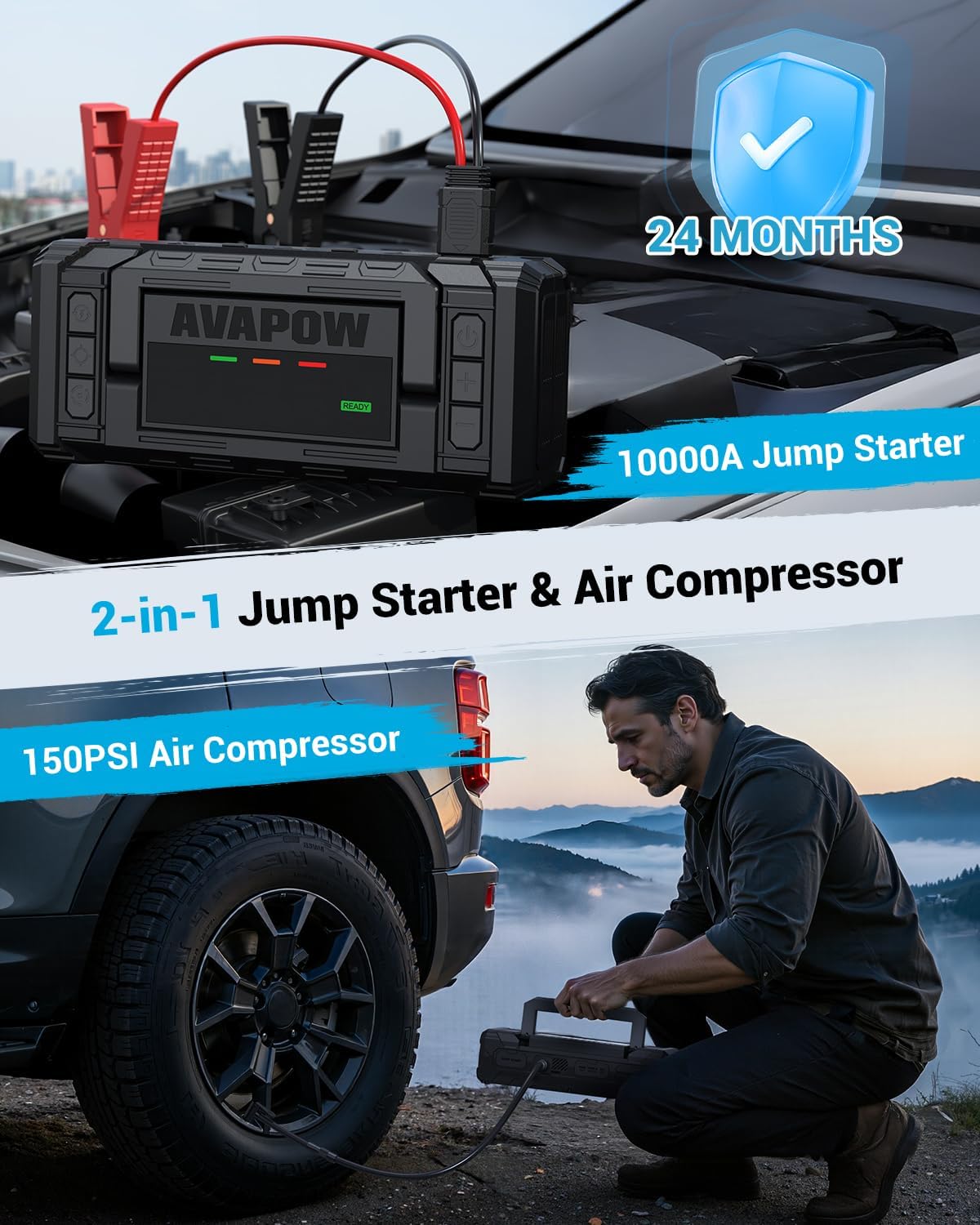 AVAPOW 10000A Jump Starter with Air Compressor, 12V Portable Jump Box