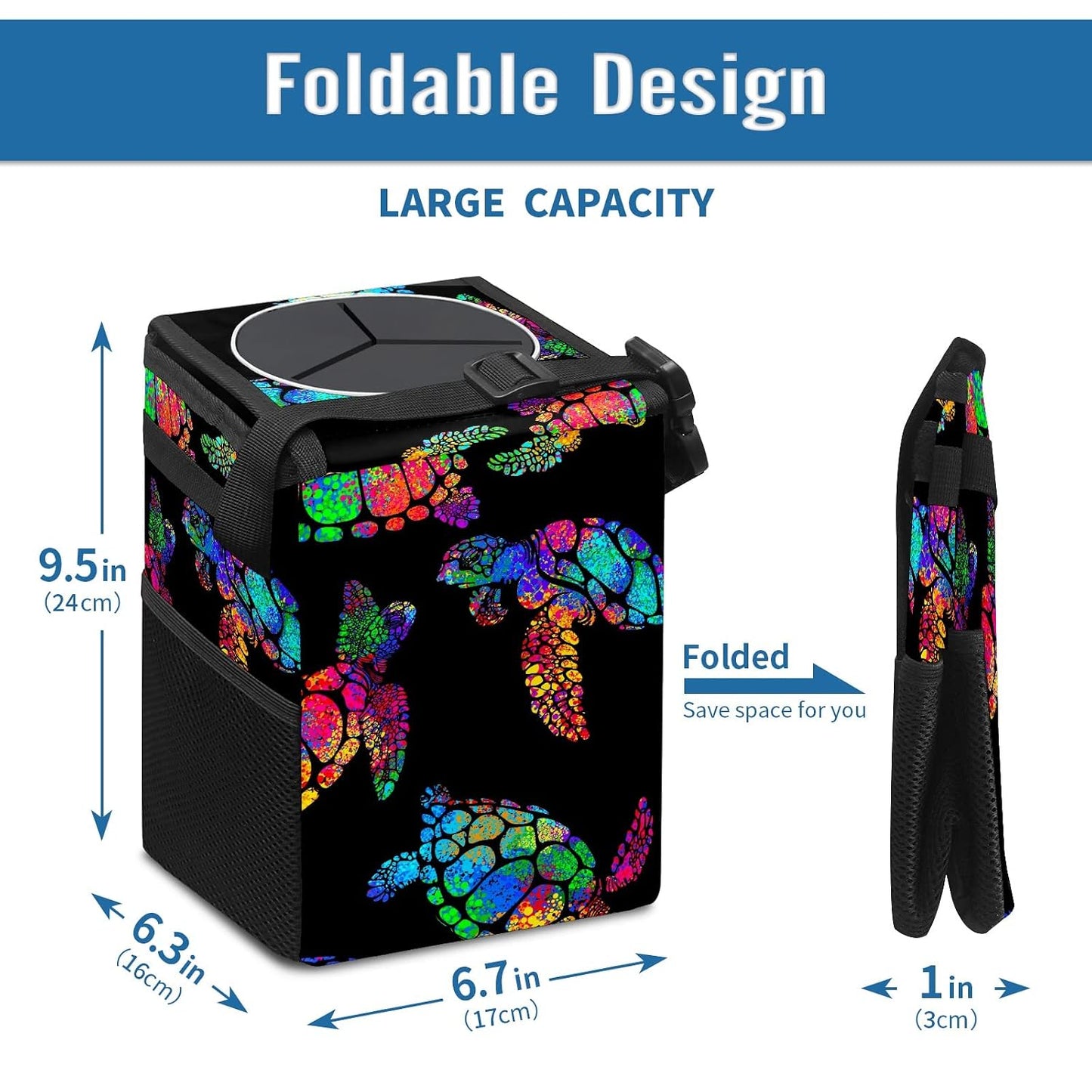 Colorful Sea Turtle Animal Car Trash Can with Lid Collapsible Reusable Waterproof Automotive Garbage Can,Car Organizer