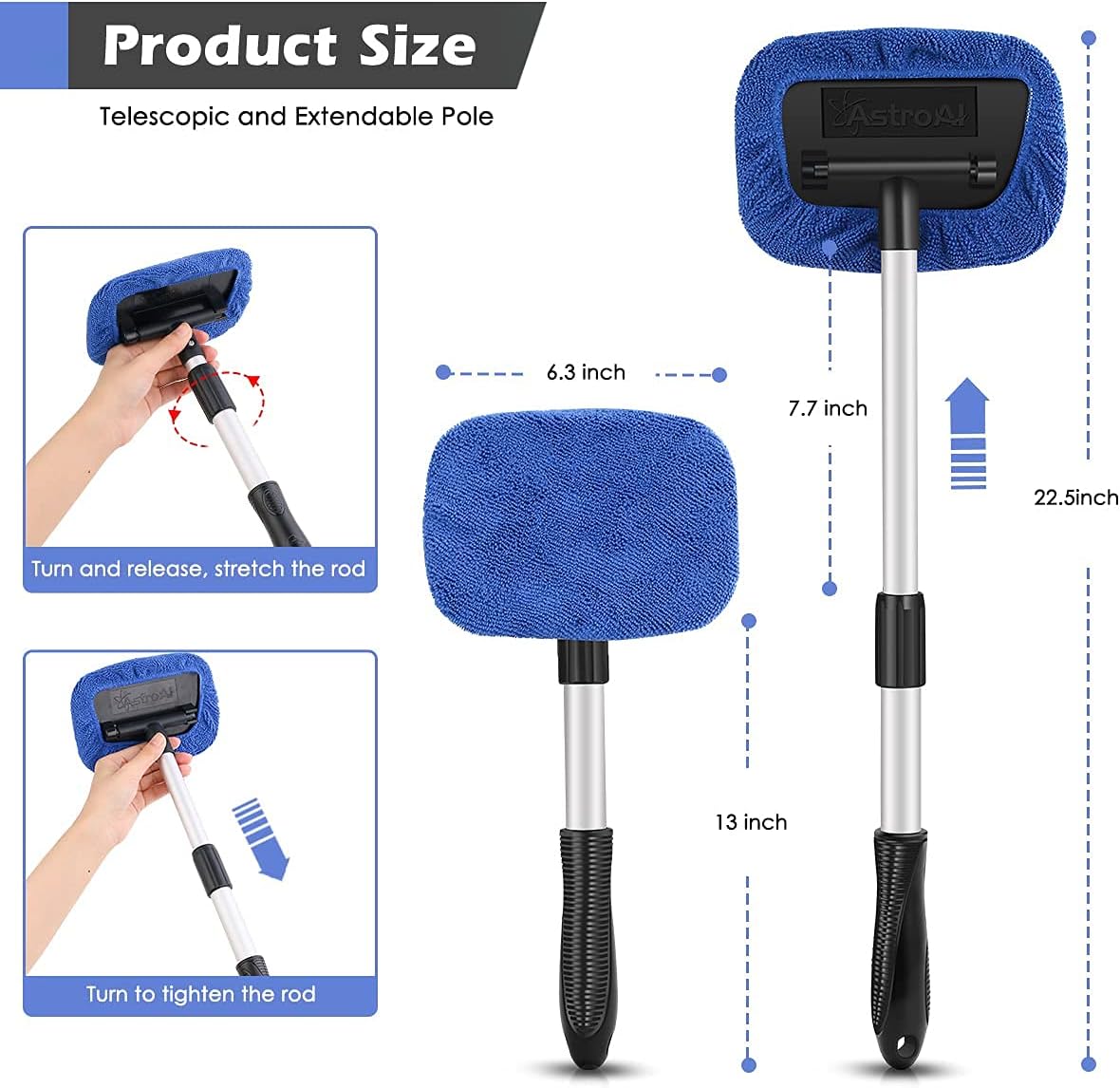 AstroAI Windshield Cleaner, Microfiber Car Window Cleaner with 12 Reusable and Washable Microfiber Pads and Extendable Handle Auto Inside Glass Wiper Kit, Blue, 3 Pack
