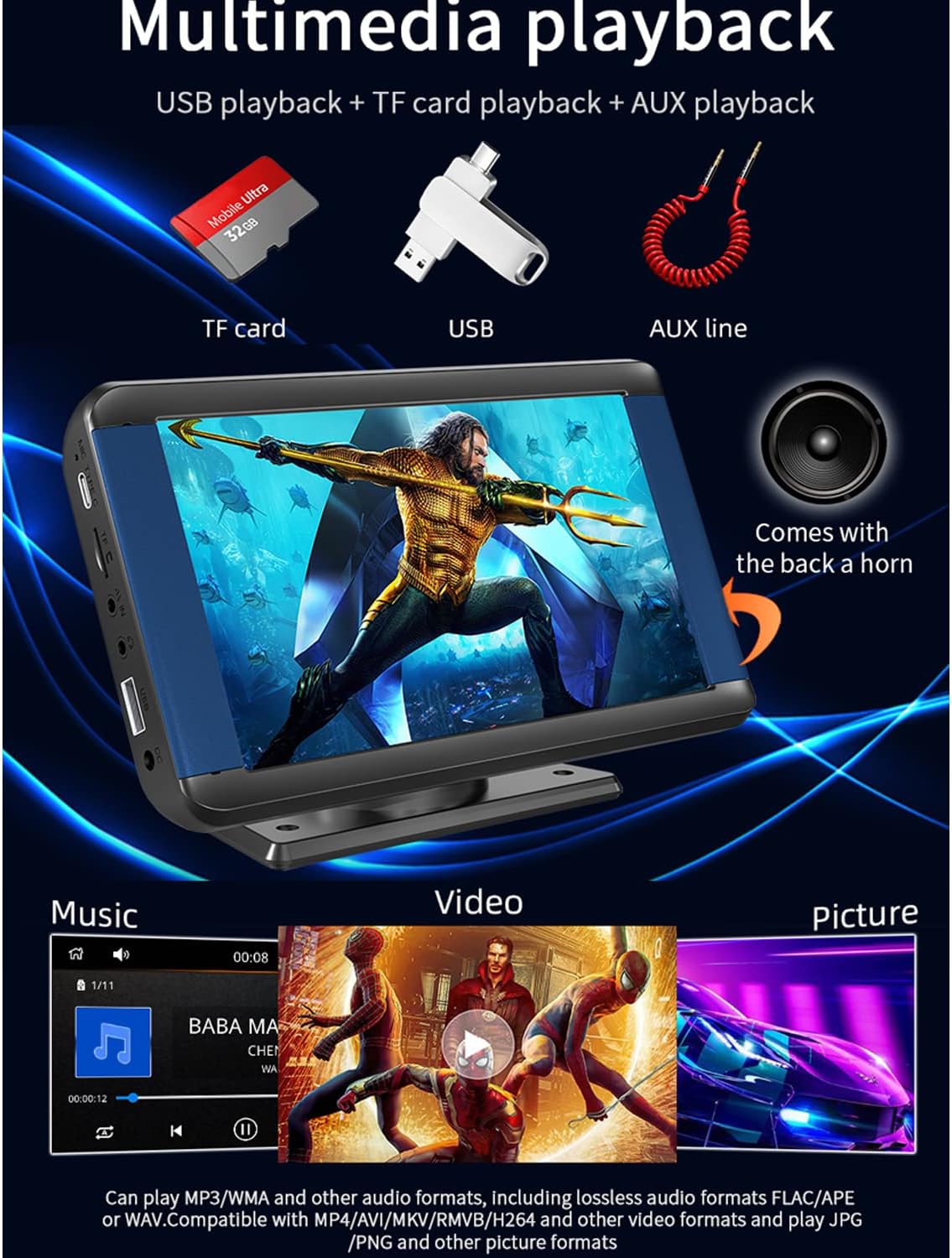 Portable Car Stereo, Compatible for Wireless CarPlay & Wireless Android Auto, 7inchTouchscreen Car Monitor with Backup Camera, Bluetooth, FM Transmitter, Headphone/AUX /USB/ TF Card/ Type C Port