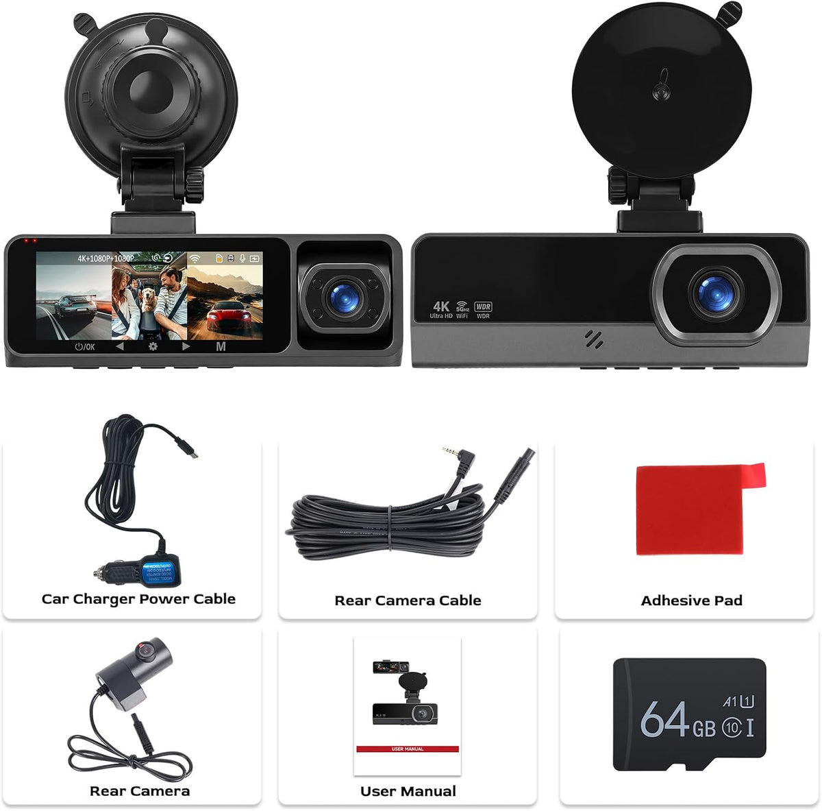 3 Channel Dash Cam 4K Front and Rear Inside with 5.8Ghz WiFi, Free 64G Card