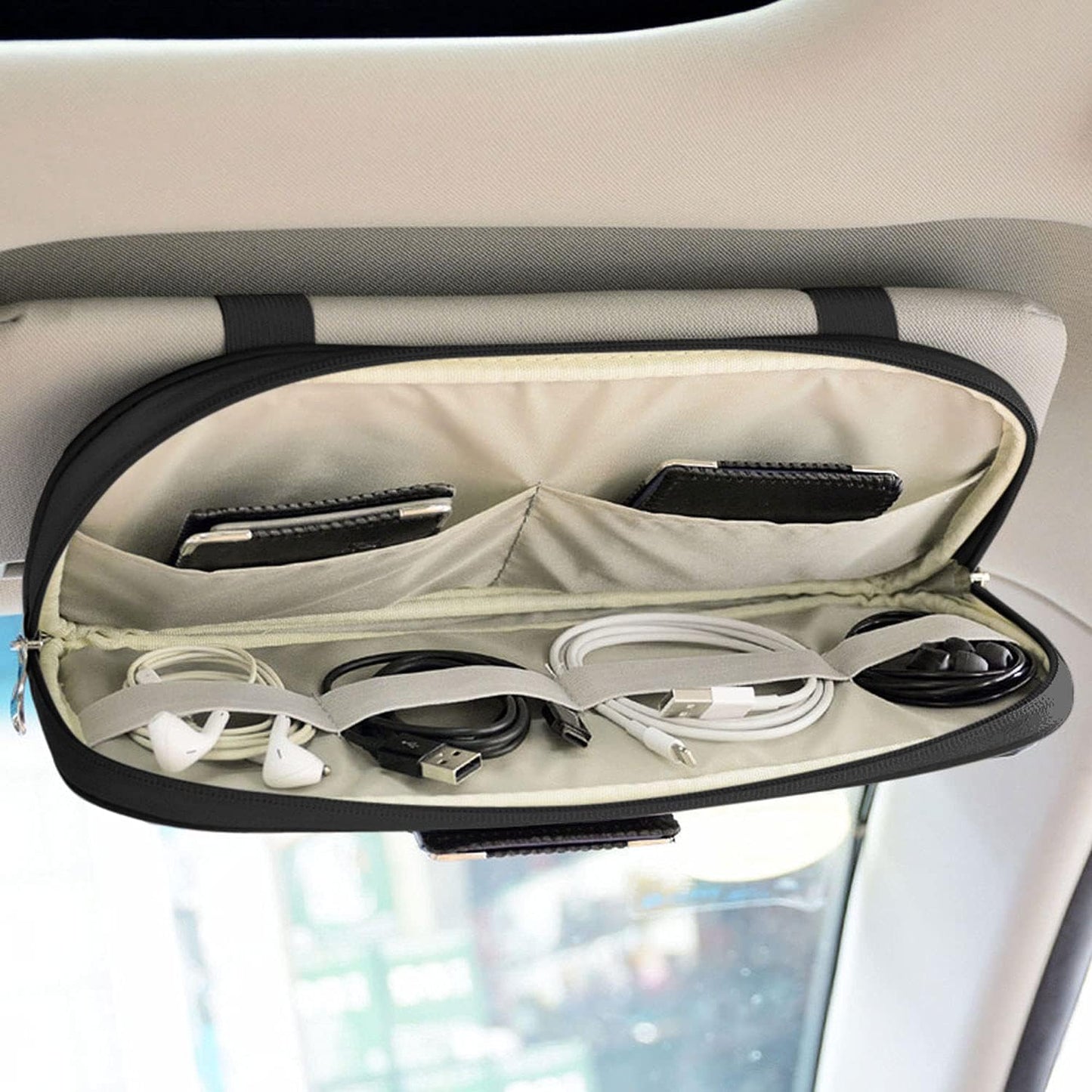 Da by Car Sun Visor Organizer, Multi-Pocket Visor Organizer Storage Pouch for Cars, SUVs & Trucks with Double Zippers, Elastic Bands & Glasses Clip - Organizes Essentials Keep Tidy (Black)