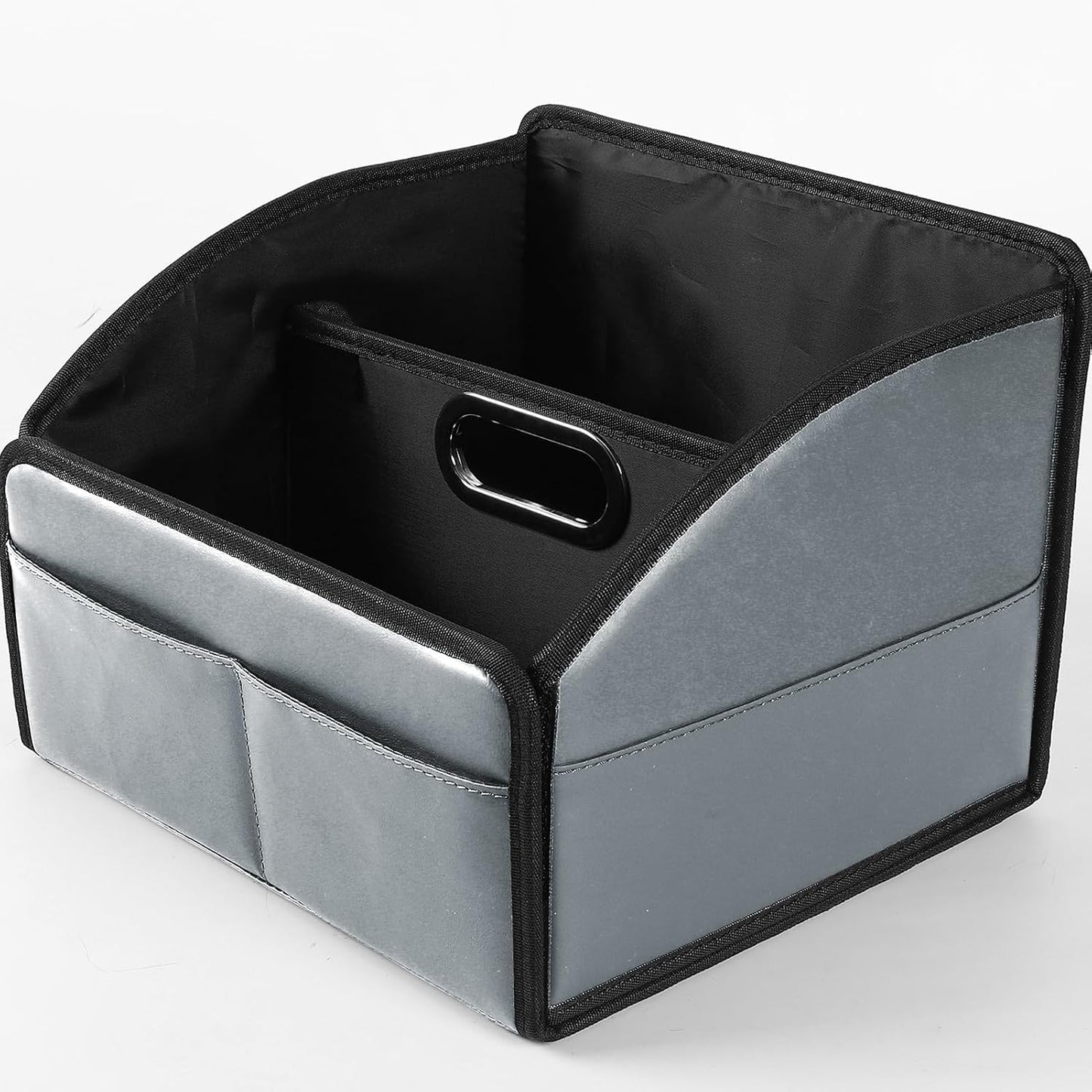 Car Storage Organizer [2025 UPDATED] Leather Car Caddy Basket for Front Seat Floor Back Seats Metal Handle 6 Compartments Adjustable Strap Buckles Slip-Resistant (Gray)