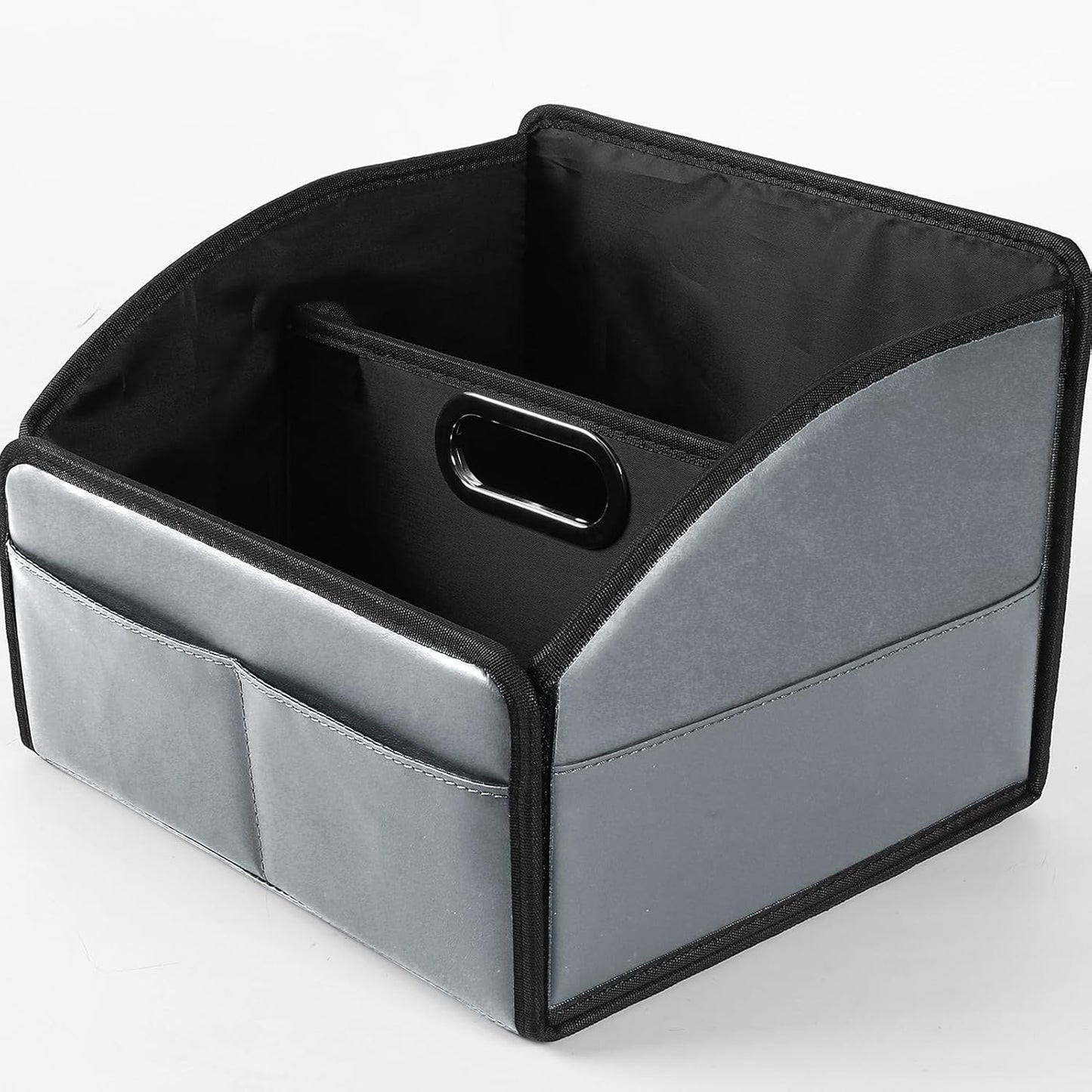 Car Storage Organizer [2025 UPDATED] Leather Car Caddy Basket for Front Seat Floor Back Seats Metal Handle 6 Compartments Adjustable Strap Buckles Slip-Resistant (Beige)