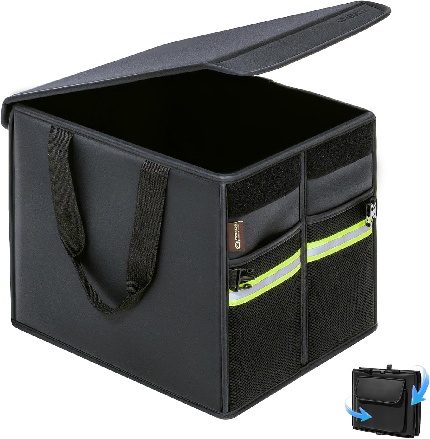 Coverado Trunk Organizer for Car- Nappa Leather Trunk Organizer for SUV with Lid, 30L Multi Collapsible Car Storage Organizer Foldable, Multi Compartments with 2 Straps for SUV/Truck