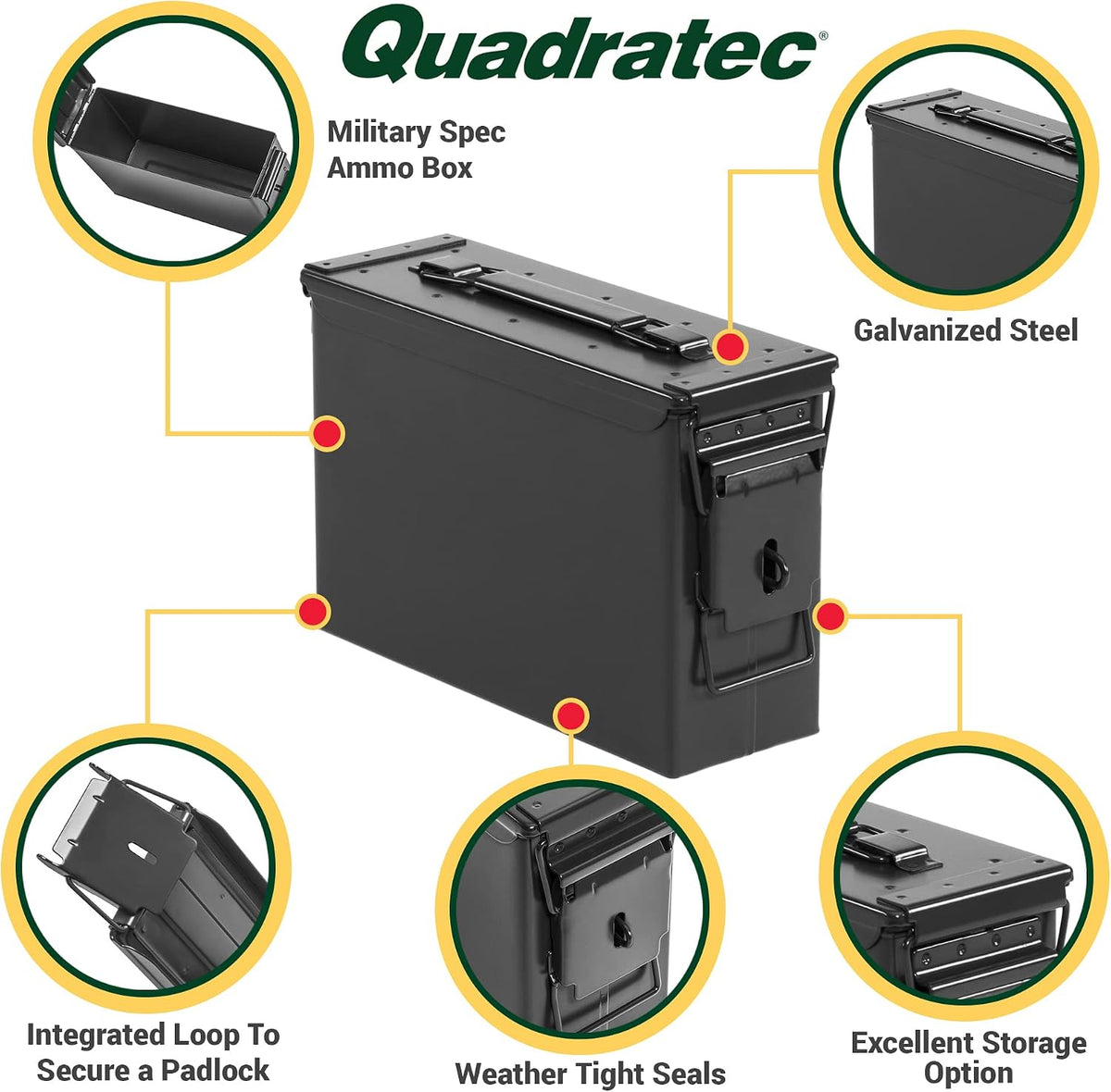 Quadratec 7.62mm Ammo Can, Black - Waterproof Ammo Box - Steel Ammo Storage Case - Fits Jeep Wrangler CJ YJ TJ JK JL & Gladiator JT - Overlanding, Tools, First Aid & Tow Recovery Gear Storage