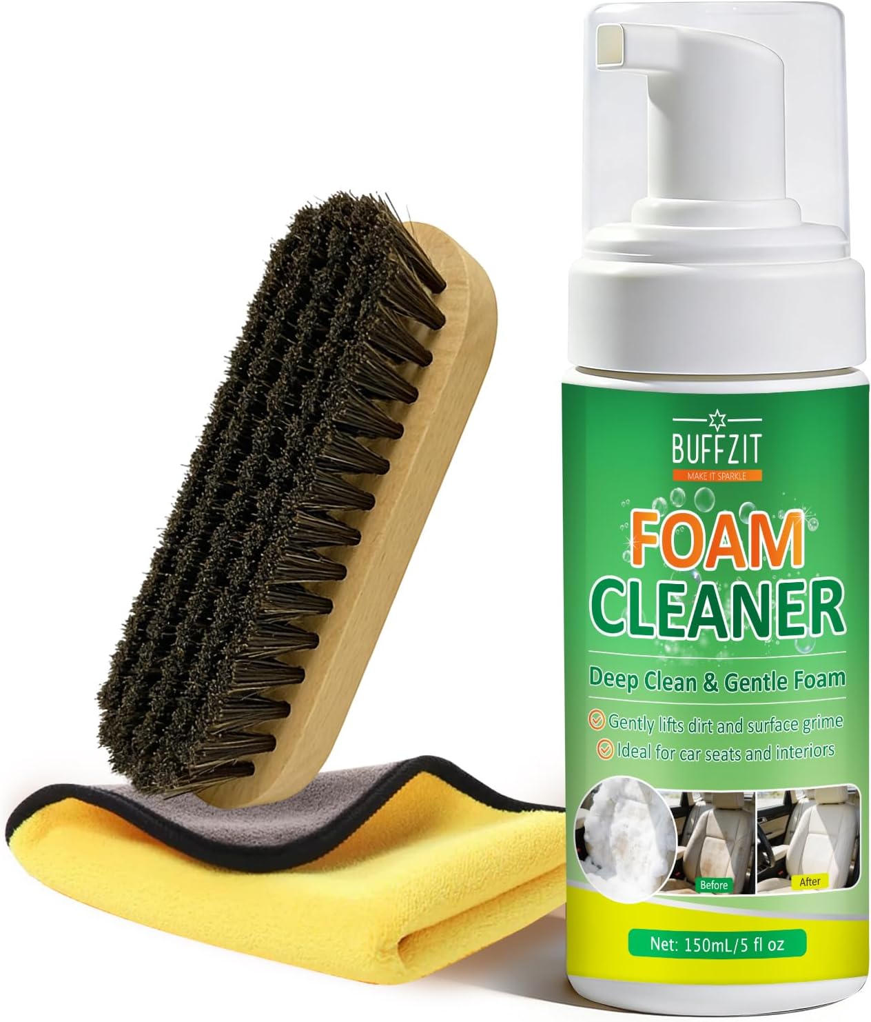 Car Interior Foam Cleaner Kit, Multifunctional Auto Detailing Cleaner with Brush & Towel, Deep Clean Car Seats, Carpet, Upholstery & Dashboard, Safe for Leather, Fabric, Vinyl & Plastic, 5oz