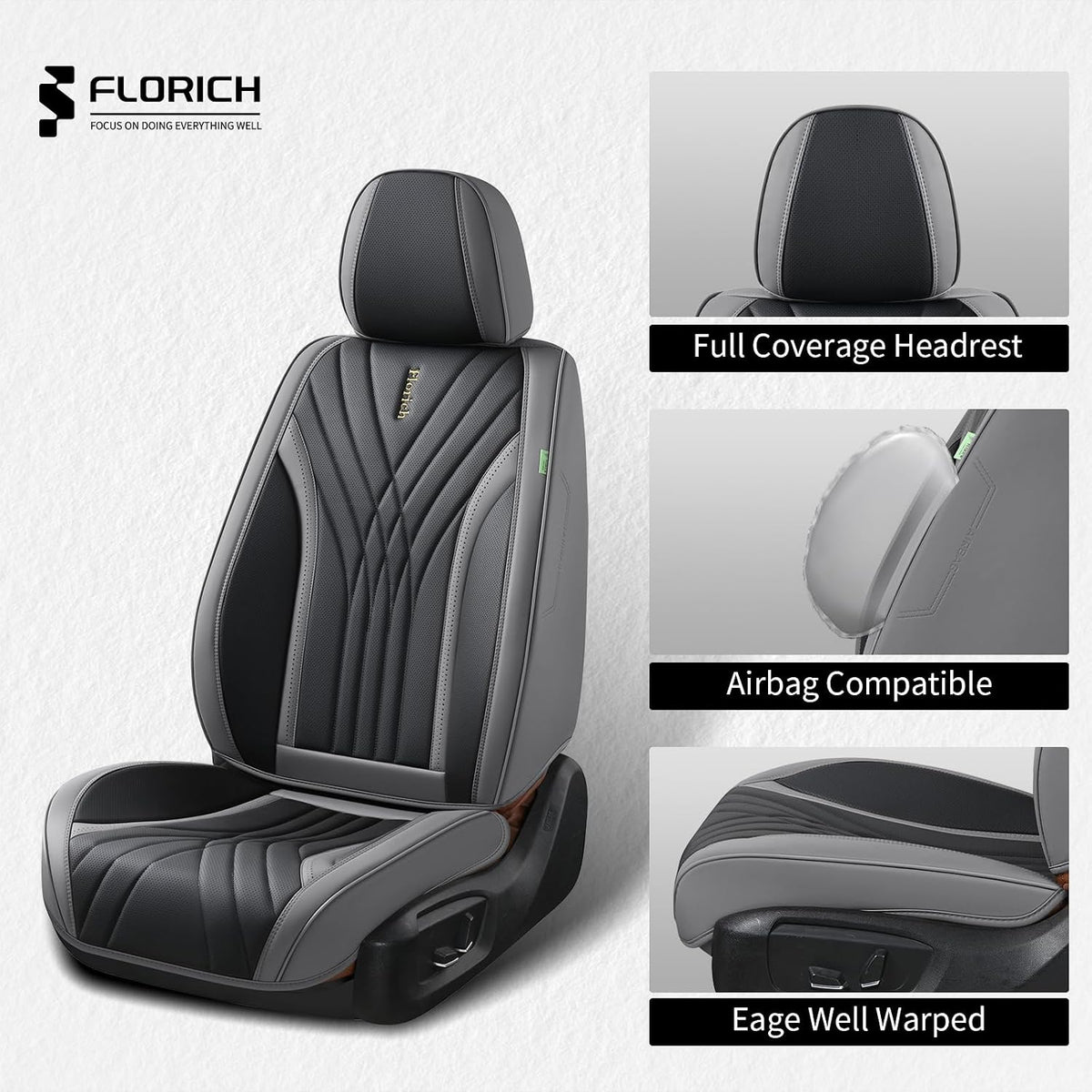 FLORICH Seat Covers, Front Leather Seat Covers, Car Seat Covers 2 PCS,Waterproof Seat Cover for Cars, Luxury Leatherette Gary Car Seat Cushion, Automotive Seat Covers for Sedan SUV Pick-up Truck