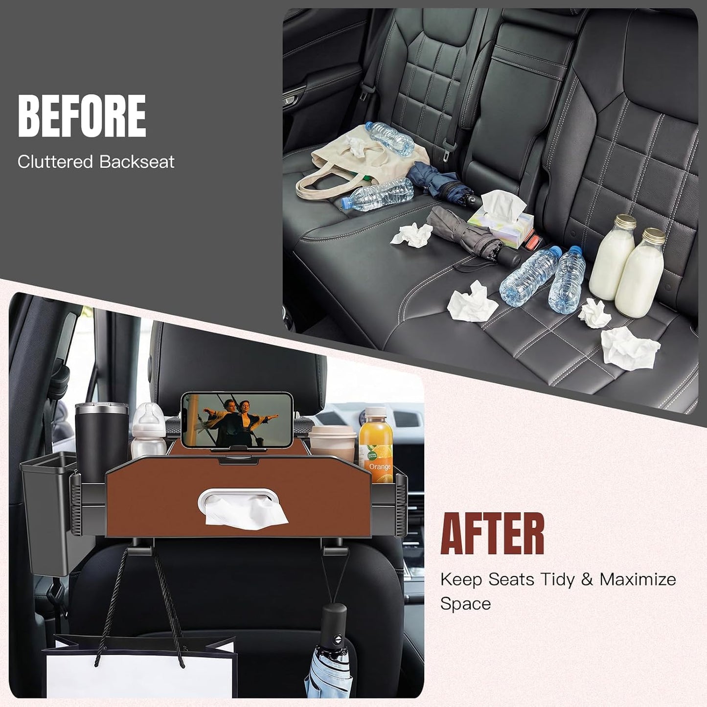 5-in-1 Back Seat Car Organizer and Storage with Extendable Cup Holder, Tissue Holder, Phone Holder, Hanging Hooks, Trash Bin, Back of Seat Car Headrest Organization Accessories for Women Man