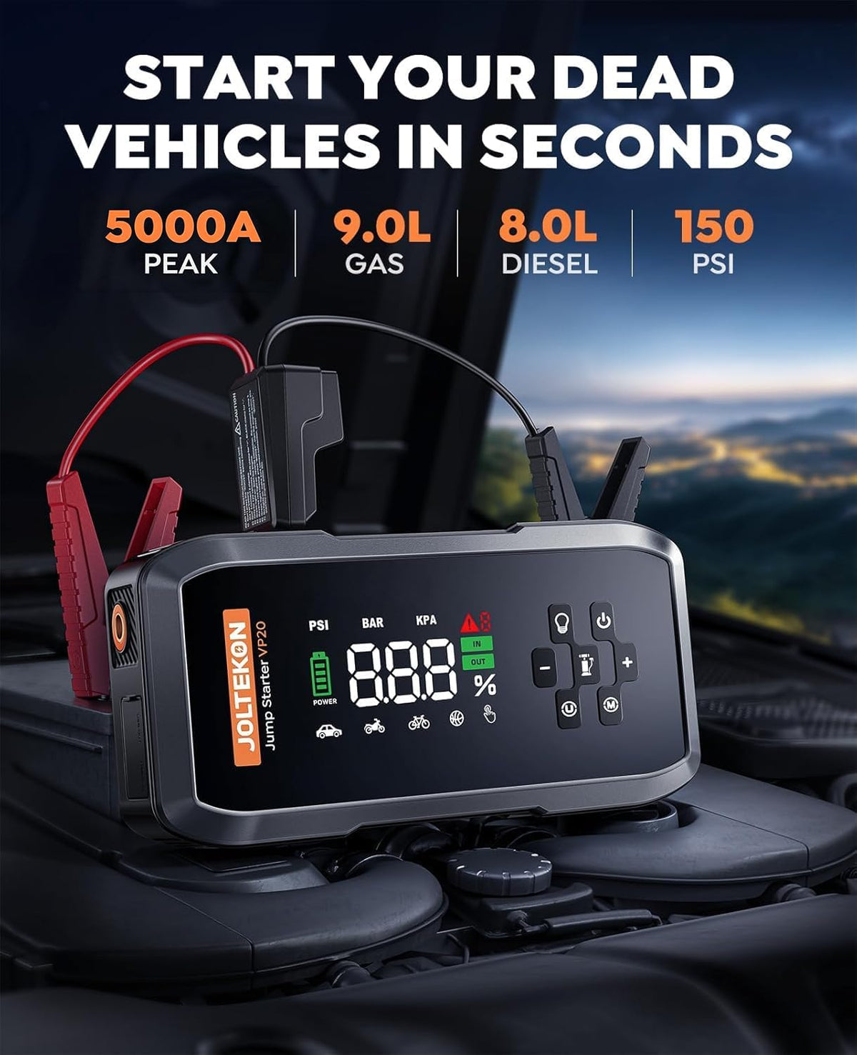 Car Battery Jump Starter with Air Compressor, 5000A Powerful Battery Jumper Starter Portable with 150PSI Auto-Pause Pump, 12V Jump Box for Car Battery with 10-Safety Protection(9L Gas/8L Diesel)