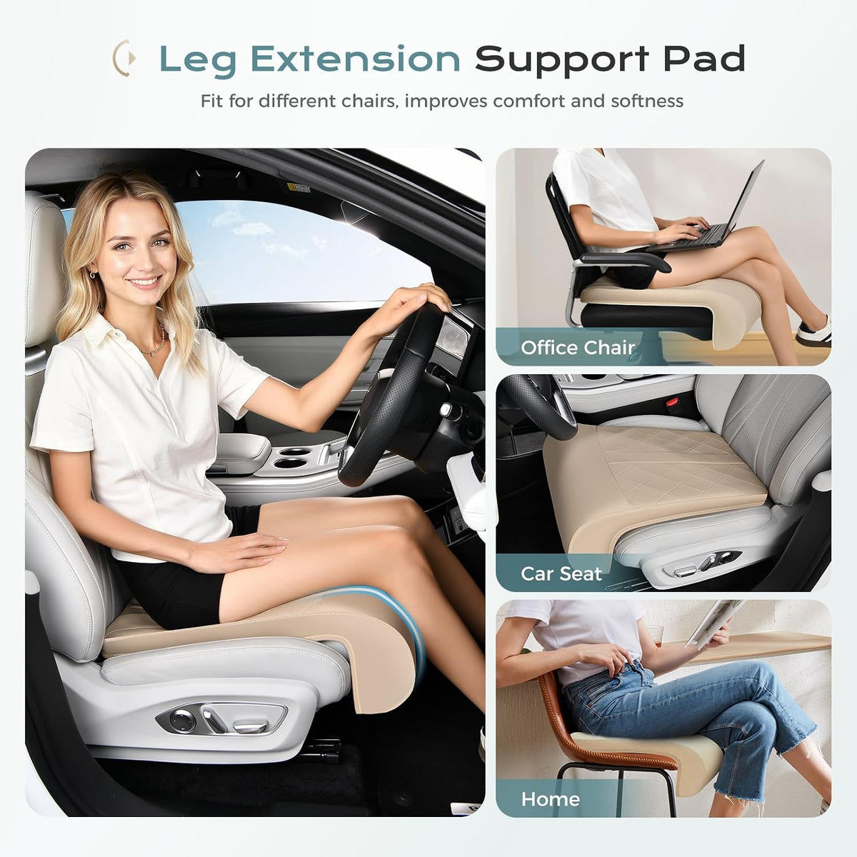 Coverado Car Seat Extender Leg Support, Leather Leg Extender Cushion for Car Seats, Waterproof Car Seat Cushion Universal Fit for Most Vehicles (Beige)