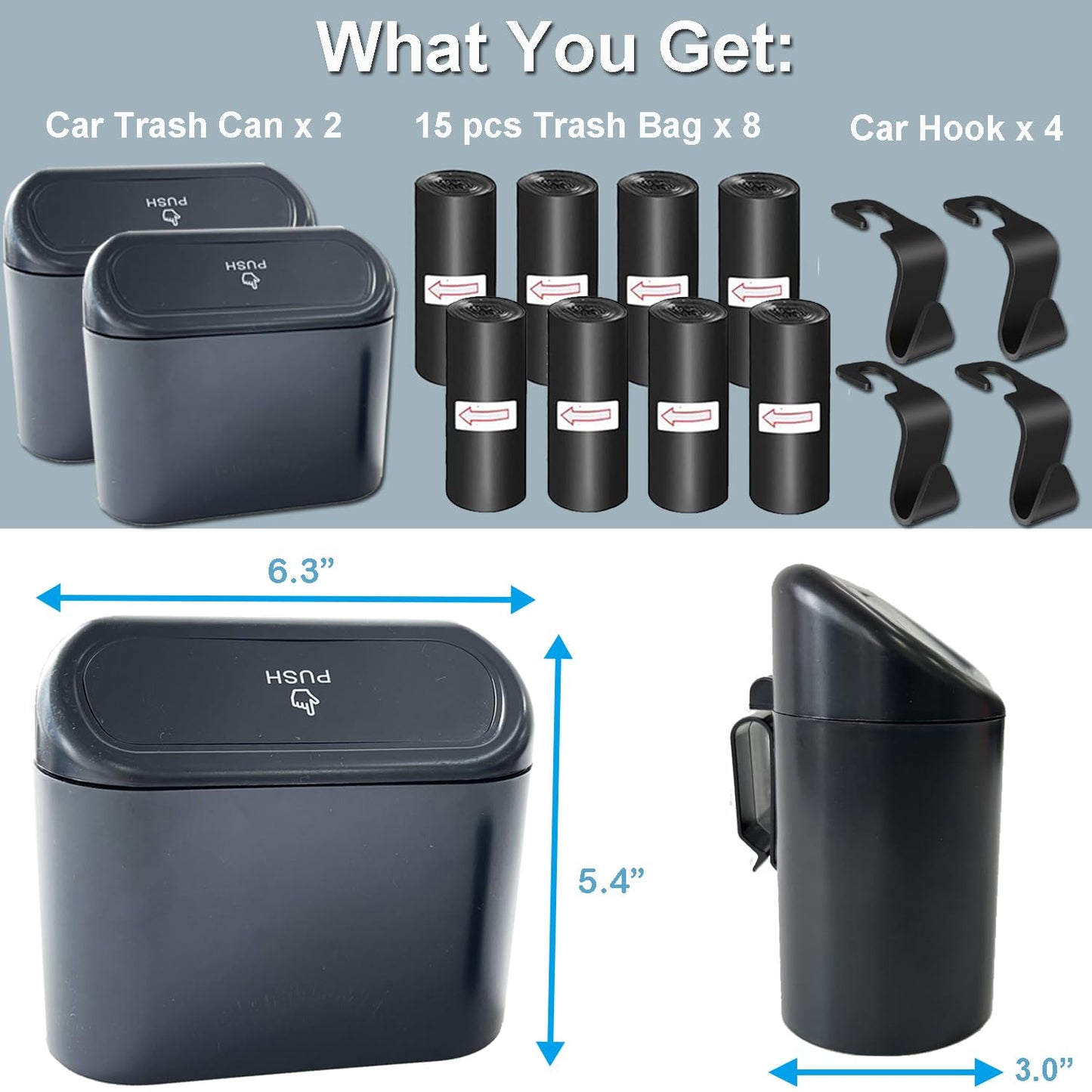 2 Pack Car Trash Can with Lid+4 PCS Car Hooks, Mini Auto Dustbin Trashcan | Includes 120 pcs Trash Bags, Automotive Storage Container Garbage Organizer, Multipurpose Trash Bin for Vehicle, Home, Office