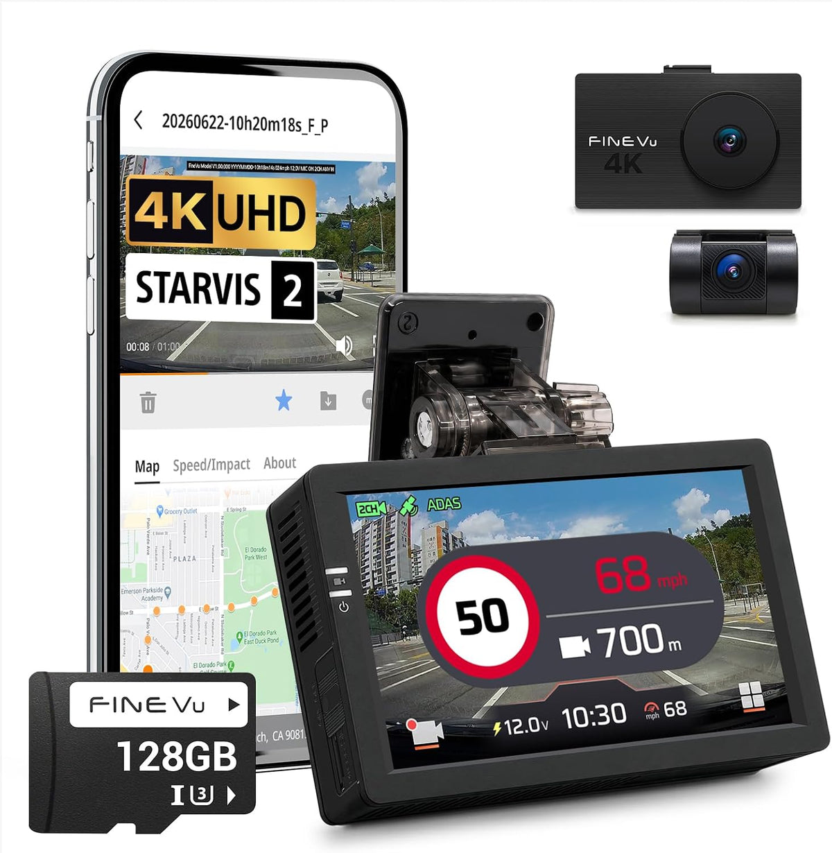 FineVu LX4K True 4K Dual Dash Cam Front and Rear, STARVIS 2, 128GB SD Card