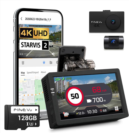 FineVu LX4K True 4K Dual Dash Cam Front and Rear, STARVIS 2, 128GB SD Card