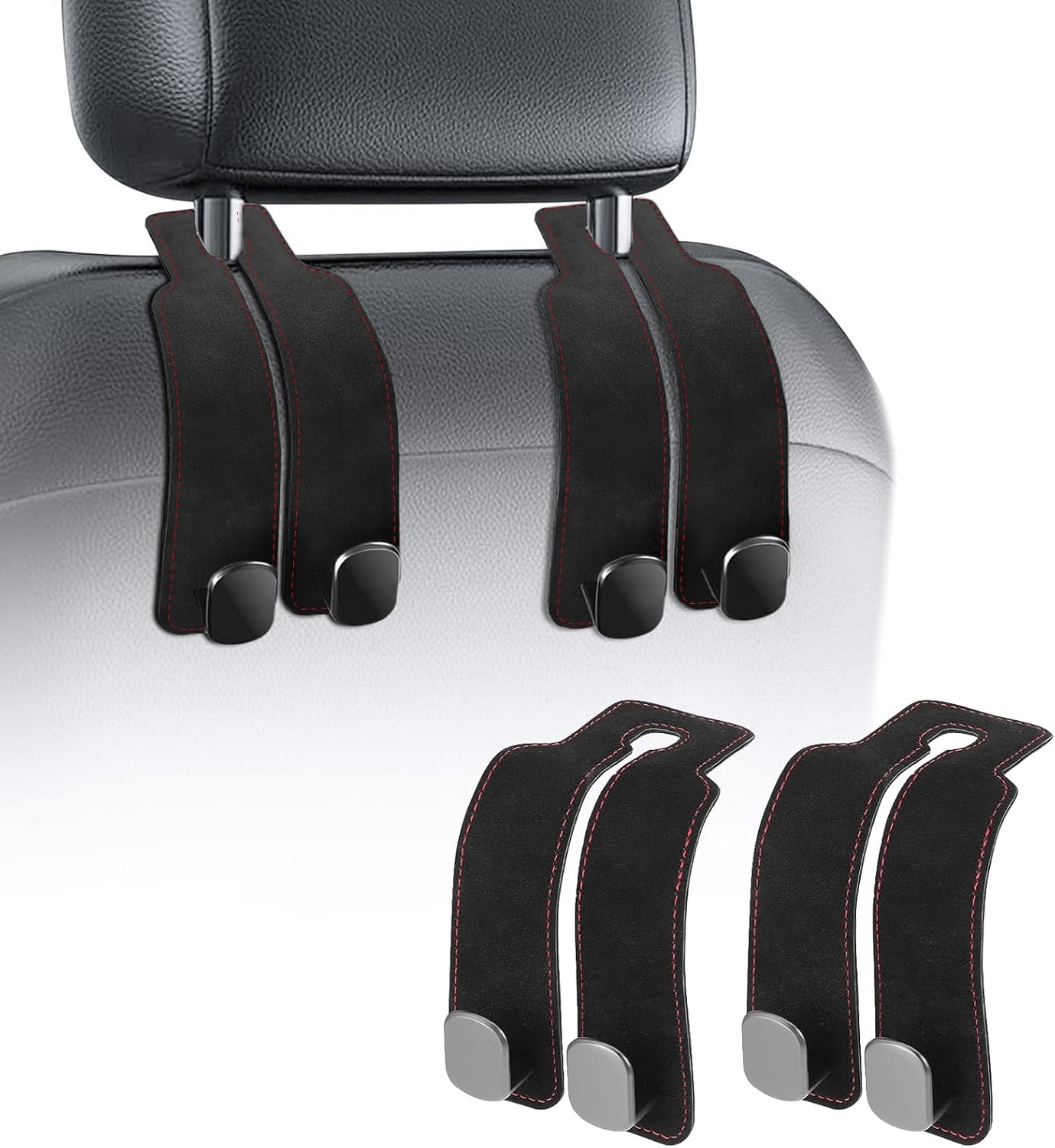 TwinHook Leather Car Headrest Hangers, Car Headrest Hooks for Purse and Bags, 2-in-1 Leather Car Seat Back Storage Hook, Anti-Slip Purse Holder for Car, Supports Up to 50 lbs (Gray-2 Pack)