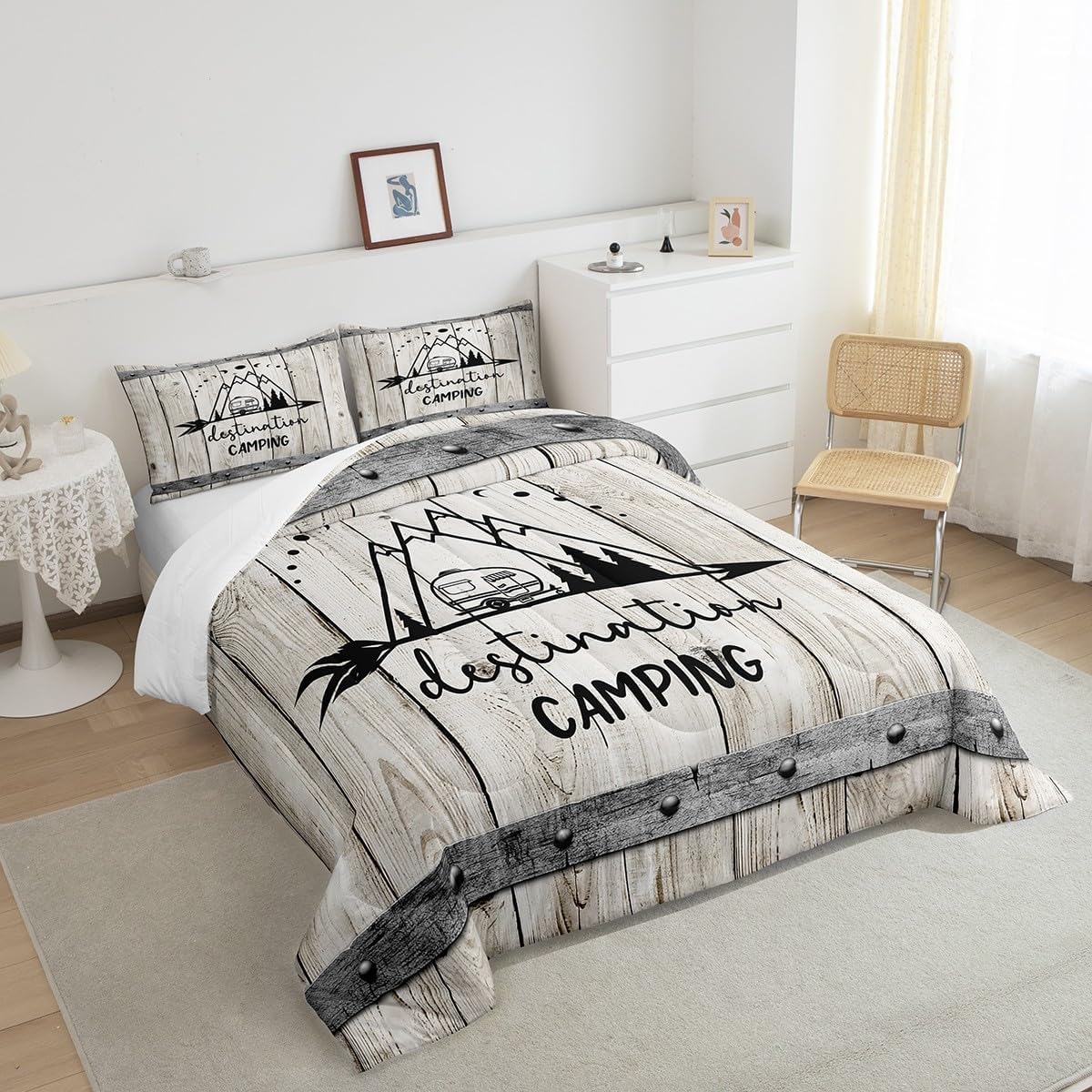 Happy Camping Car Comforter Set Twin Size,RV Camper Trailer Decor Bedding Set 2pcs for Kids Boys Girls Adults,Vintage Wooden Plank Cabin Down Comforter,Rustic Farmhouse Duvet Insert,1 Pillowcase