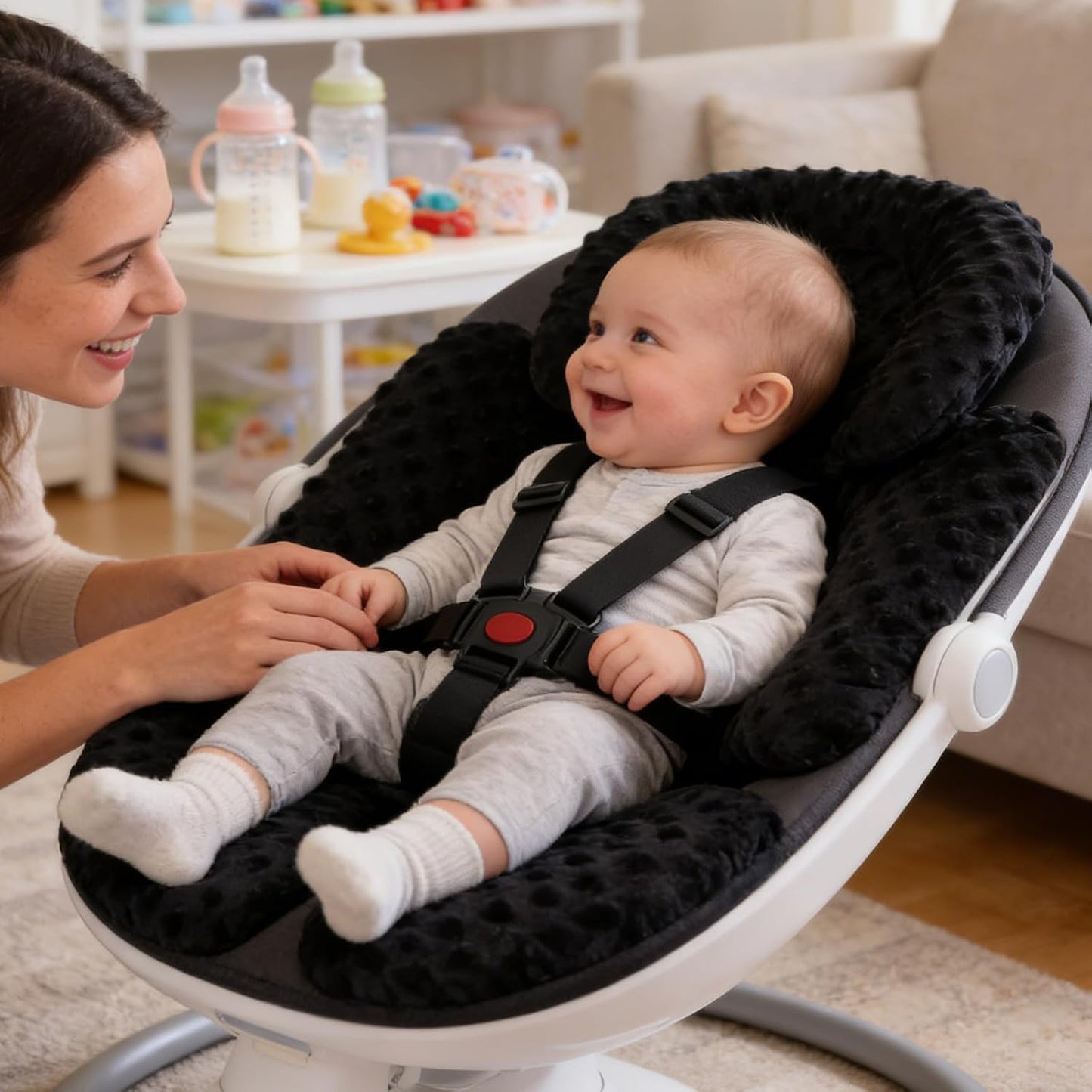 KAKIBLIN Infant Car Seat Insert, Baby Carseat Head & Body Support for Newborn, 2-in-1 Reversible Baby Car Seat Cushion, Soft Stroller Cushion Insert for Car Seats, Bouncer, Strollers, Swing (Black)