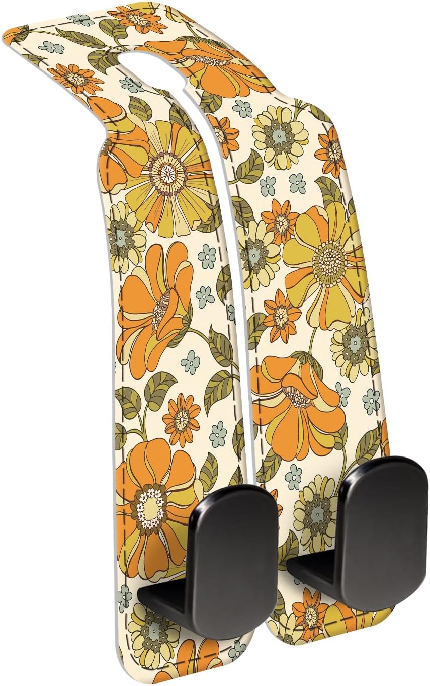 Car Seat Back Storage Headrest Hook, Premium Leather Double Metal Hook, Hanger Storage Organizer for Purse Cloth Bag, Car Interior Accessories Boho Orange Flowers