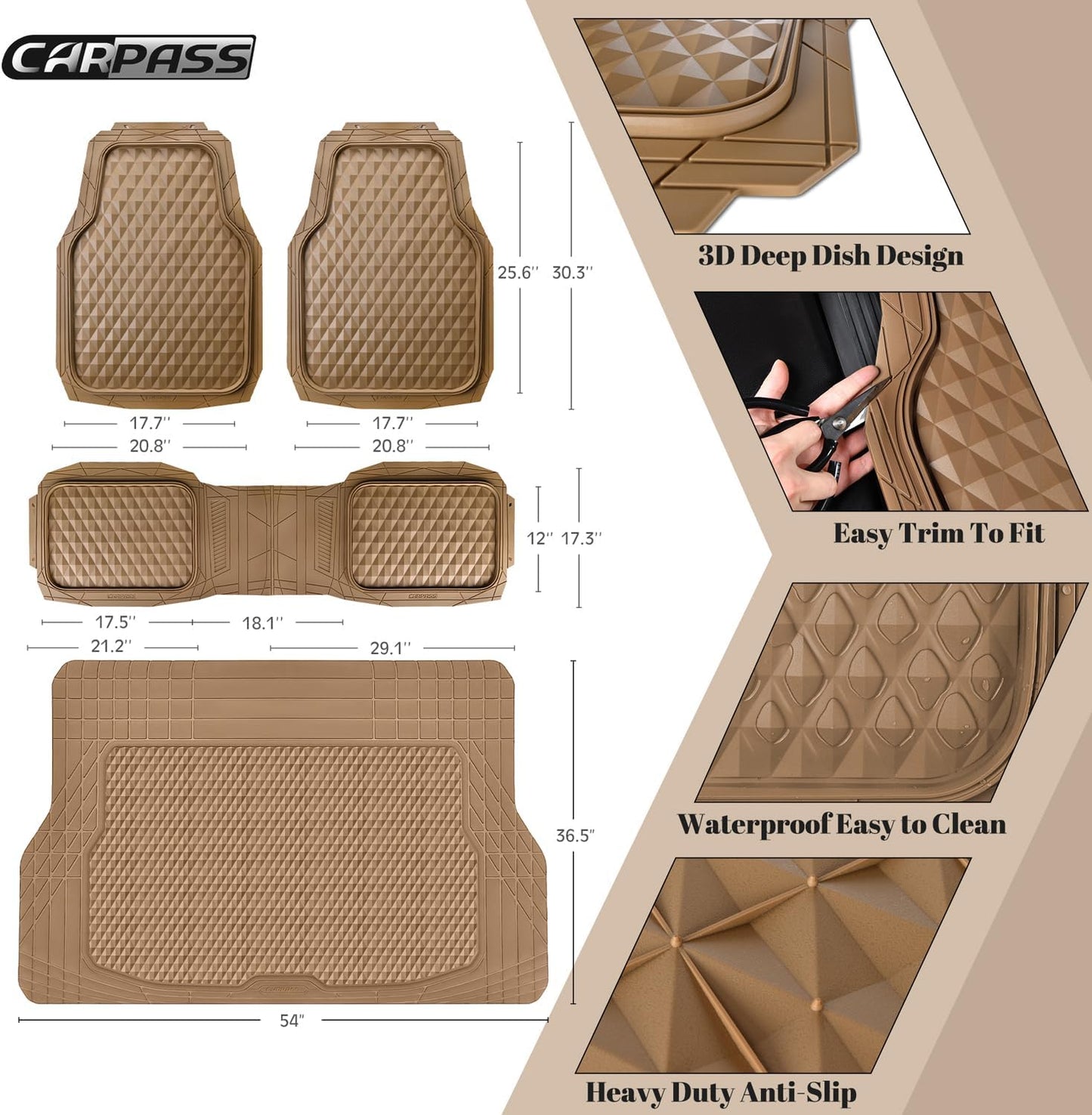 CAR PASS Heavy Duty Rubber Beige Car Floor Mats & Cargo Liners, Deep Dish All-Weather Trunk Mats Durable Anti-Slip 3D Rhombus Waterproof Trim to Fit Liner Universal Fit Auto,Sedan,SUV,Truck, Beige