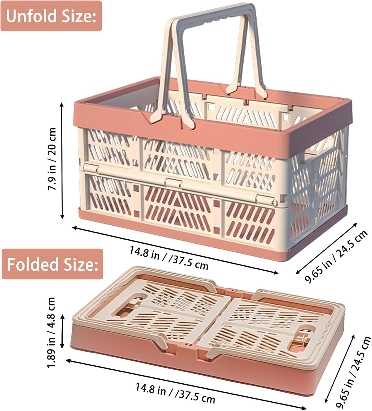 Collapsible Plastic Storage Crate - 20L Folding Organizer Basket Portable Stacking Storage Crate Bin with Handle, for Camping, Picnic, Car Trunk, Home Storage (Pink, M)