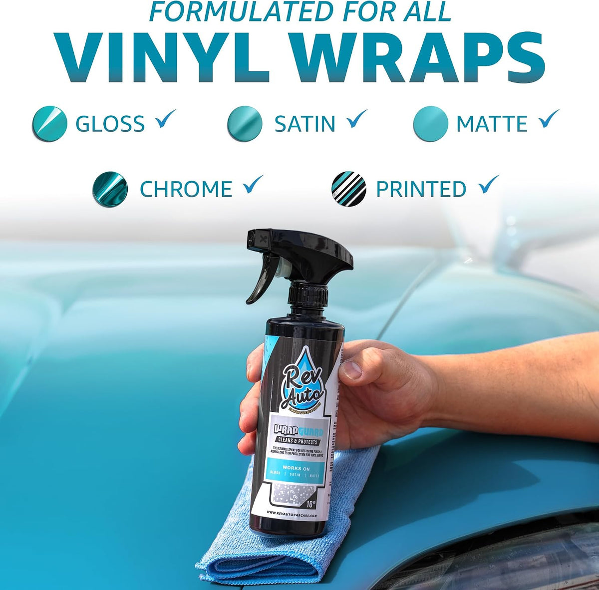 Rev Auto Wrap Guard - Cleans, Hydrates & Protects Car Vinyl | Vinyl Wrap Cleaner for Cars | Made for Gloss, Satin, Matte, Chrome, Printed & More - (32 Fl Oz)
