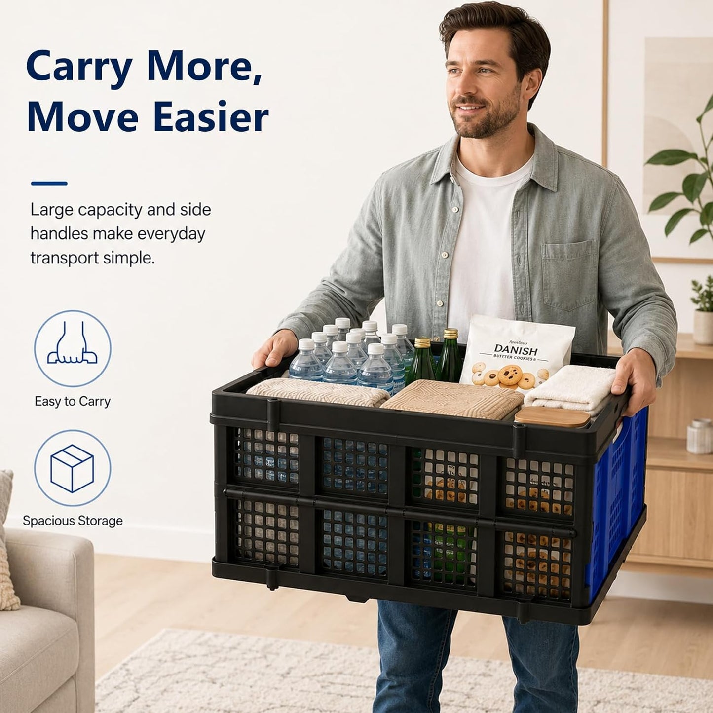 Collapsible Storage Crates 2 Pack, Heavy Duty Foldable Plastic Storage Bins, Stackable Garage & Trunk Organizers for Car, Home, Grocery & Moving Storage, 49L, Blue