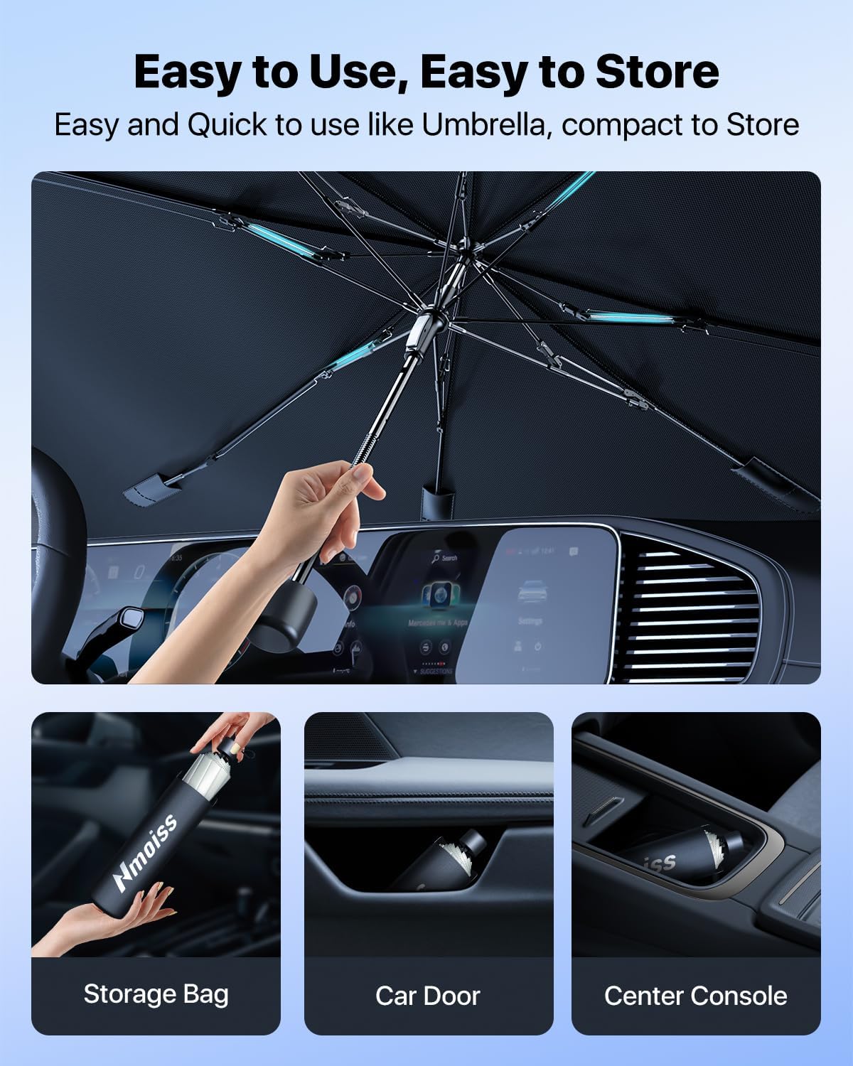 [Upgraded] Nmoiss Windshield Sun Shade Umbrella - [Vinyl Coating Heat Shield] Protect Car from Sun Rays & Heat Damage Keep Cool and Protect Interior, Spring Structure Edge Medium 56" L x 31" W