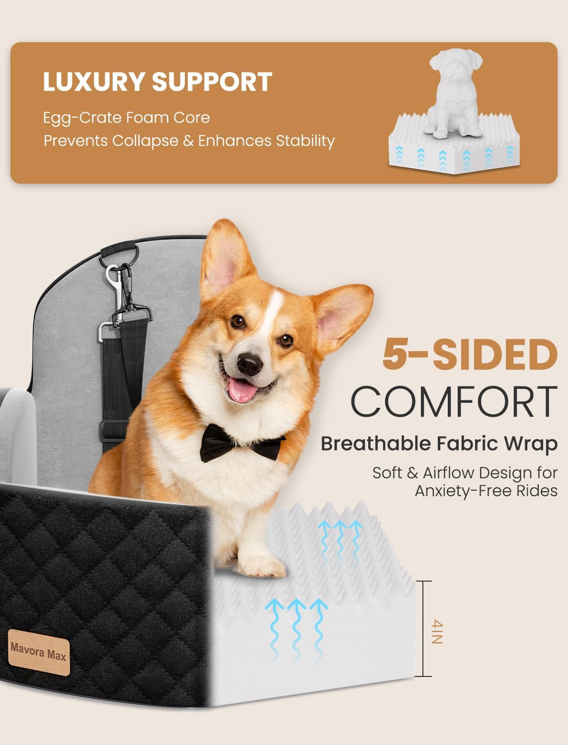 Dog Car Seat for Small/Medium Dogs, Memory Foam Puppy Car Seat Elevated Dog Booster Seat Up to 35 lbs, Fully Detachable Washable, Travel Safety Pet Seat with Storage Pockets (Black/Grey)