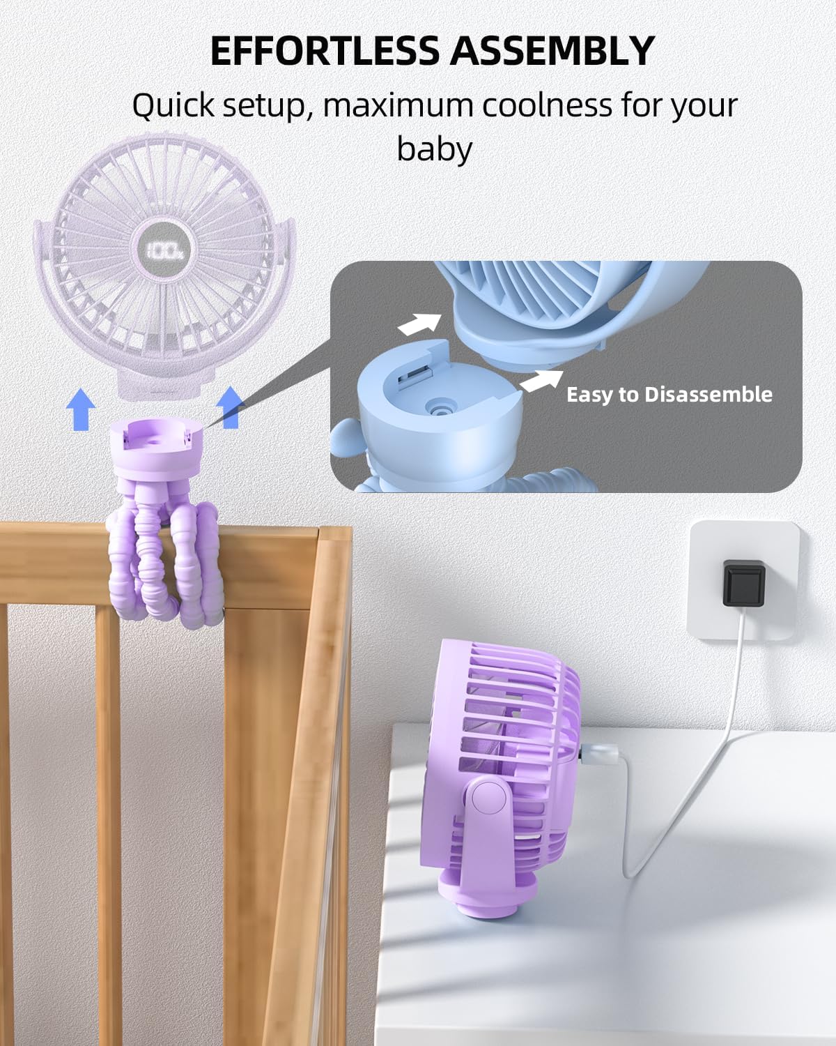 buywoo Portable Stroller Mini Fan, Small Rechargeable Personal Fan, Travel Essentials for Baby, Wagon, Car Seat, Treadmill, Battery Powered Biking Gear Accessories, 360° Rotation, 3-Speed, Display