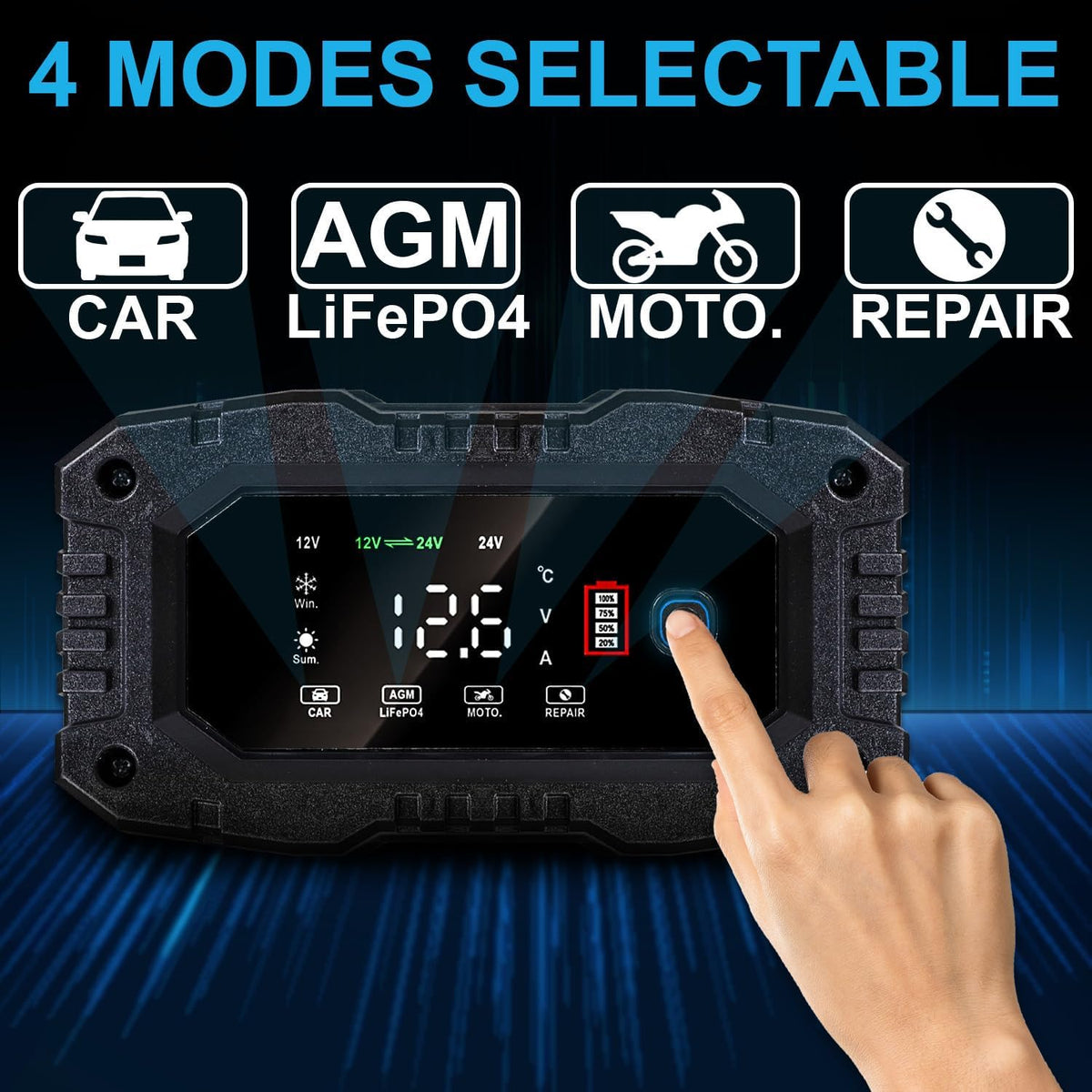 Mighty Max Battery 12V/24V 10Amp Smart Automatic Charger & Maintainer with Restoration, Desulfator, and Winter Mode for for Car, RV, Boat, Truck, Motorcycle - Lithium, AGM, SLA, Gel, Wet, Deep Cycle