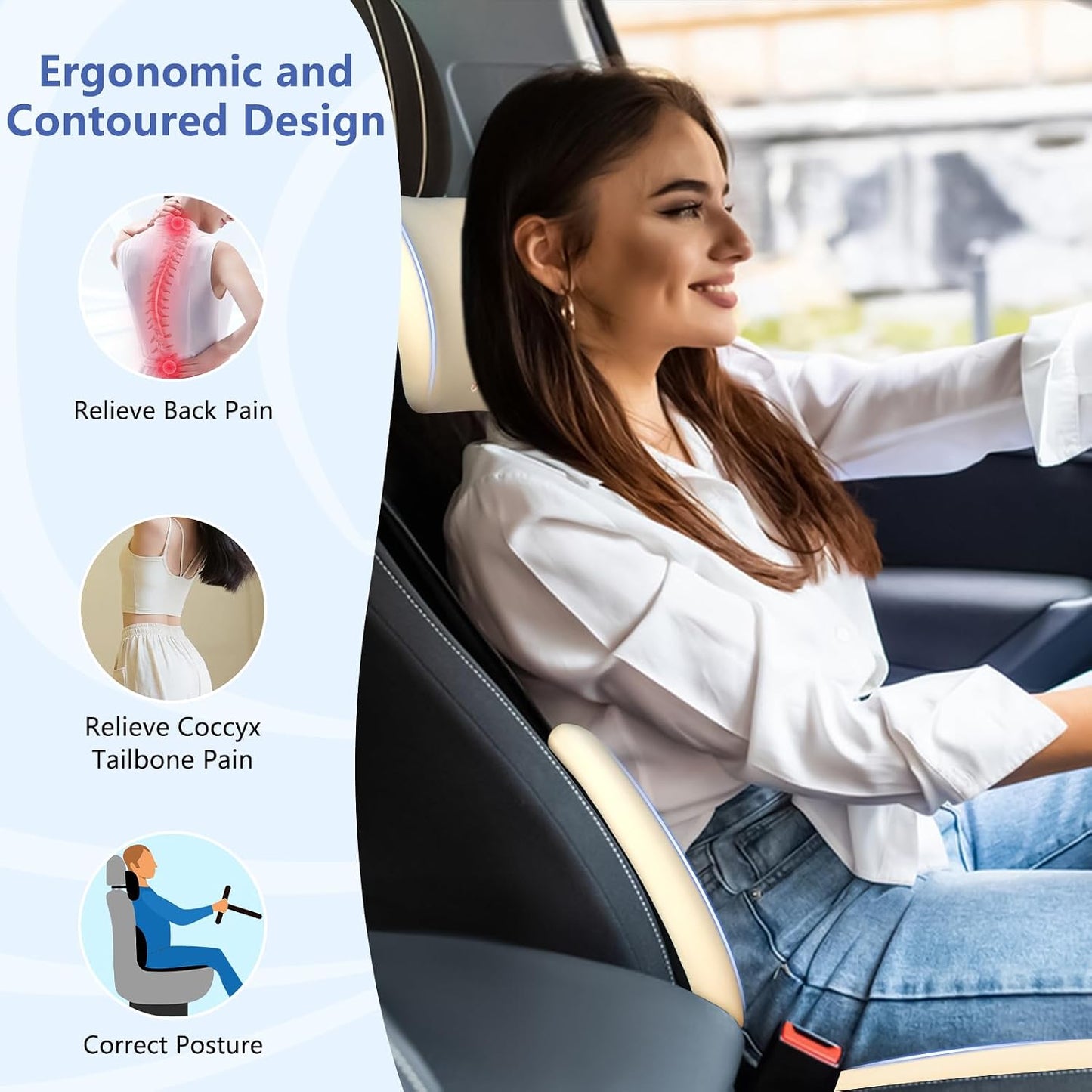 Car Seat Cushion with Neck Pillow & Lumbar Support Back Sciatica Tailbone Pain Relief Car Pillows Ergonomic Memory Foam Back Support for Driving Seat Office Chair Wheelchair 3 Pcs Beige