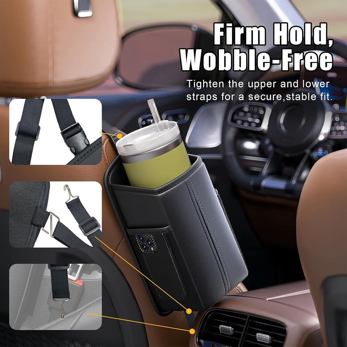 Car Tissue Holder, Waterproof PU Leather Tissue Box Cover with Mesh Pockets, Rectangular Napkin Holder Hanging Car Storage Organizer for Vehicle Front Seat, Fit for SUV Truck Van