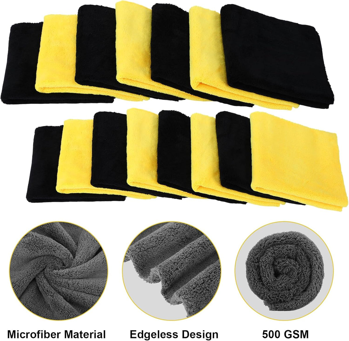 Shimeyao 30 Pcs 16 x 16 Inch Edgeless Microfiber Plush Towels for Cars Detailing Drying Wash Polishing Absorbent Cleaning Cloths, 500 GSM (Black, Yellow)