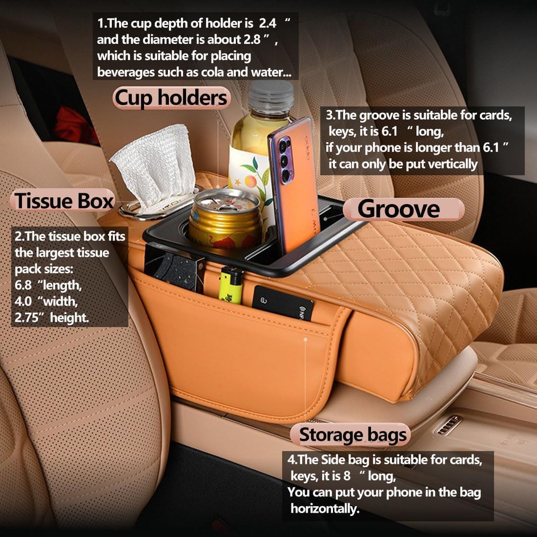 Car Armrest Cushion,5-in-1 Center Console Cover with 2 Storage Bags Cup Holder, Tissue Box Slot, Phone Slot for Sedans, Car Accessories Interior Organizers (Black red)