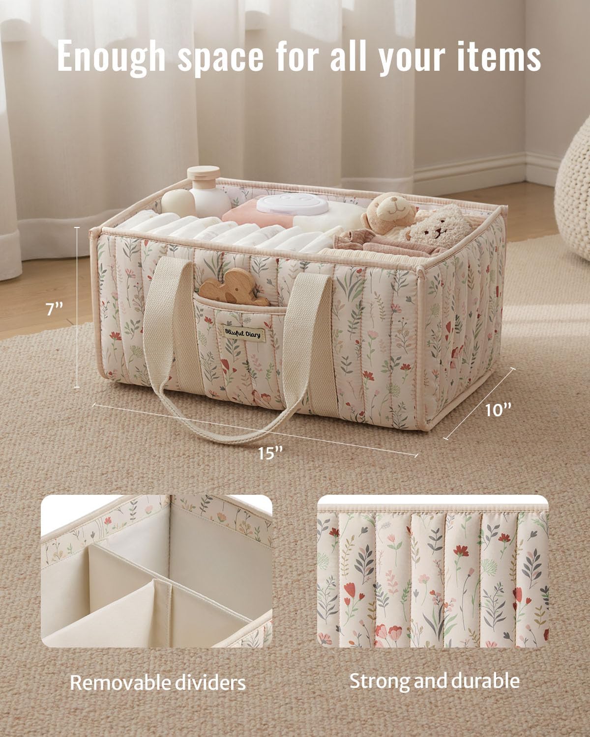 Blissful Diary Floral Diaper Caddy Organizer, Stylish Nursery Storage Basket, Gift for Baby Shower, Newborn Essentials, Floral Beige