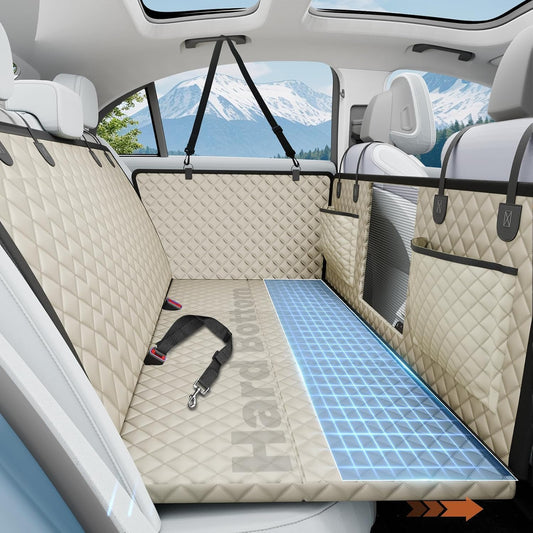 Dog Car Seat Cover for Back Seat with Hard Bottom,Waterproof Back Seat Extender for Dogs,Dog Hammock Dogs Bed for Cars, SUVs,Pet Seat Cover for Back Seat Holds 400lbs with Mesh Window & Pocket-Khaki